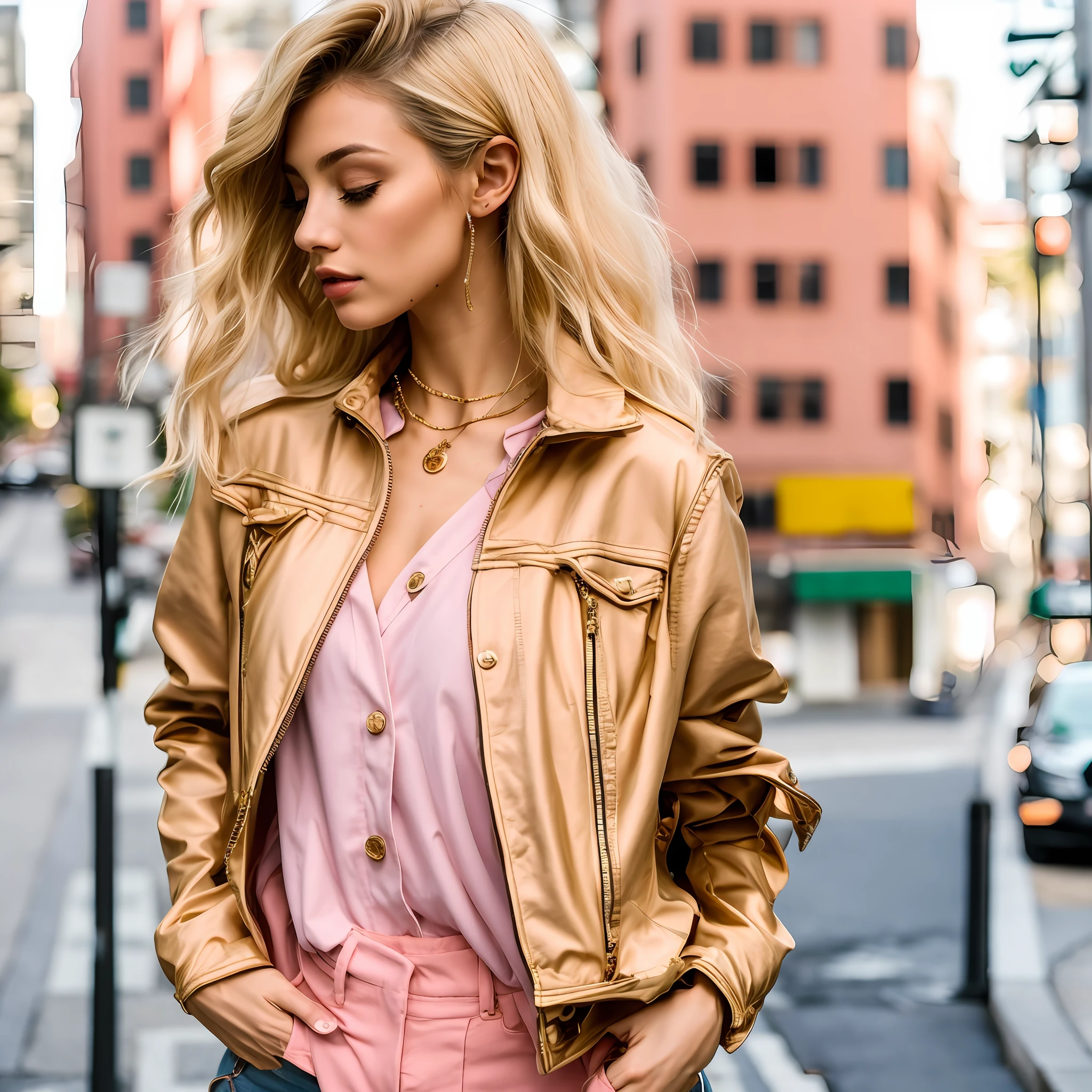 Blonde woman in a pink jacket and jeans standing on a sidewalk, Rosa Hora Dourada, roupas cor-de-rosa, menina cor-de-rosa, vibe rosa, rosa desbotado, ouro rosa, tons de rosa, estilo hiper realista, estilo de arte fotorrealista, em estilo de ultra realista, estilo de arte realista, tons de rosa, estilo fotorrealista, rosa e dourado, estilo de arte realista, estilo de moda, tonalidade rosa