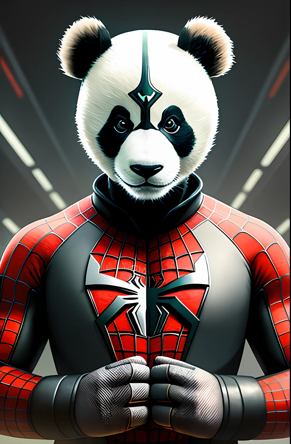 Realistic panda wearing Spiderman suit, Atomic Heart, game style, cyber atmosphere, 4k ultra, epic realistic, faded, ((neutral colors)), art, complex background, rutkowski
