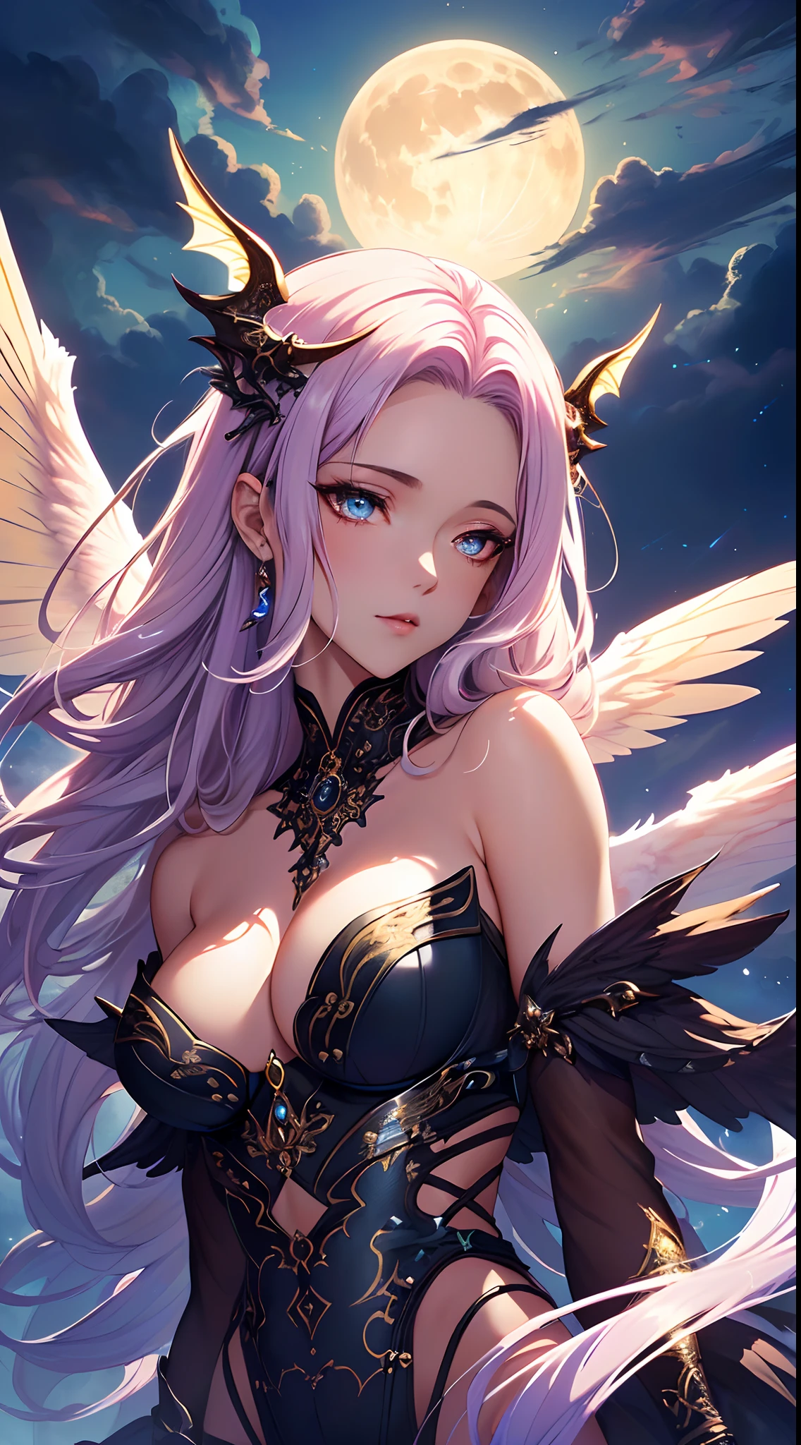 ((Need)), ((tmasterpiece)), (A detailed), Enchanting succubus, Ethereal beauty, Perched in clouds, (fantasy illustrations:1.3), Seductive gaze, captivating posture, delicate wings, otherworldly charm, Mysterious Sky, (Luis Royo:1.2), (Yoshitaka Amano:1.1), Moon Night, pastelcolor, (Detailed cloud view:1.3), (A high resolution:1.2)，Close-up shot，Close-up shot，Black eyes，Detailed beautiful eyes