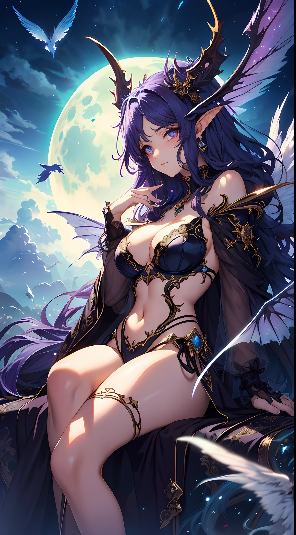 ((Need)), ((tmasterpiece)), (A detailed), Enchanting succubus, Ethereal beauty, Perched in clouds, (fantasy illustrations:1.3), Seductive gaze, captivating posture, delicate wings, otherworldly charm, Mysterious Sky, (Luis Royo:1.2), (Yoshitaka Amano:1.1), Moon Night, pastelcolor, (Detailed cloud view:1.3), (A high resolution:1.2),Close-up shot,Close-up shot,Black eyes,Detailed beautiful eyes