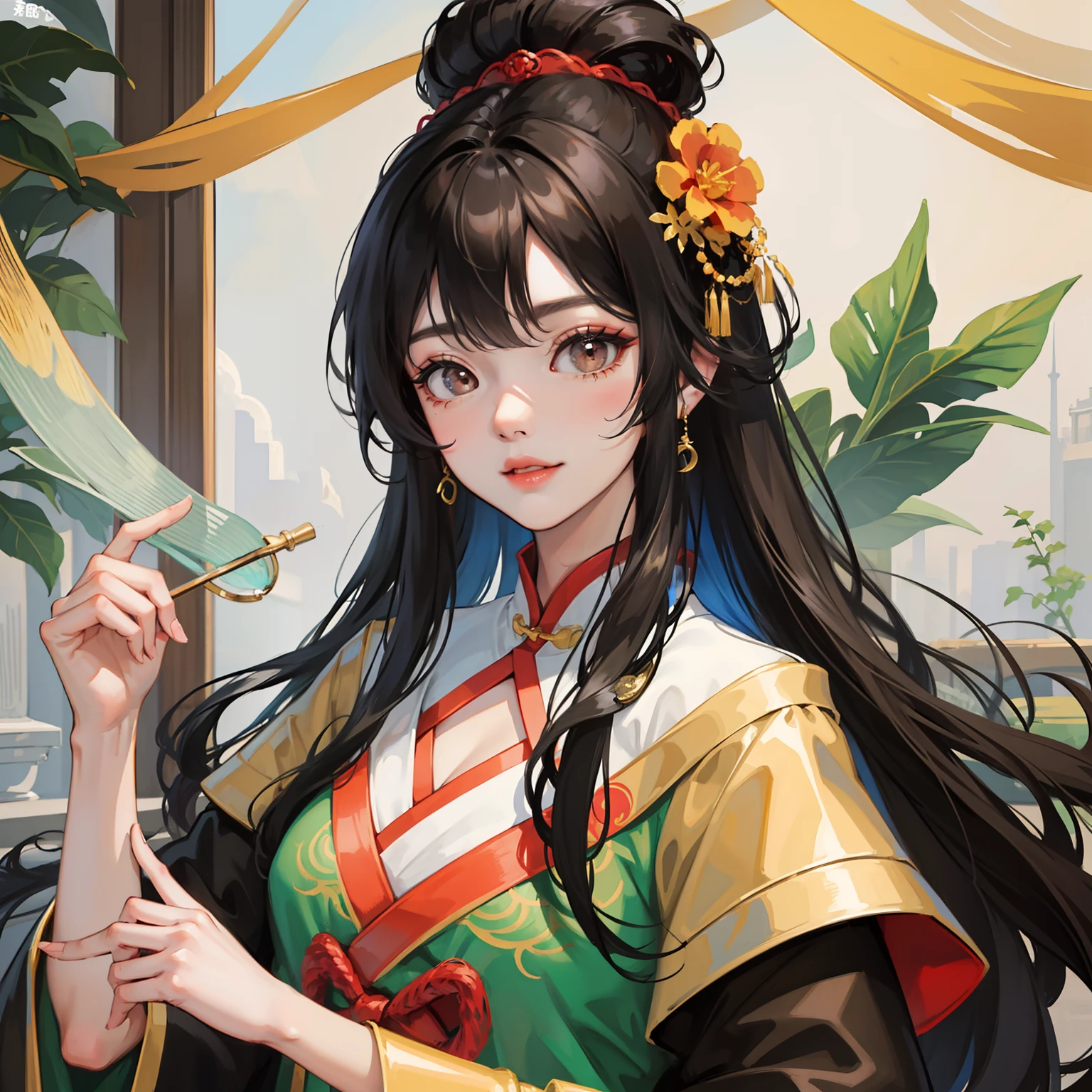 top-quality、chinese costume、Woman with black hair and kanzashi、Longhaire、ssmile、length hair、Black Hair、illustratio、Fantasia、ear ornament