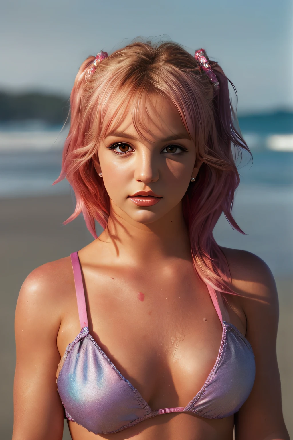 (full length, editorial photograph of a 21 year old woman britneyspears-smf), (highly detailed face:1.4) (smile:0.7)  kawaii, very short hair, pink hair, hair over eyes, hair bow, looking to the side, blue eyeshadow, small breasts, day, sun, on the beach, dark lipstick iridescent bikini, wet bikini, binki bottoms pulled down exposing smooth , POV, by lee jeffries, nikon d850, film stock photograph ,4 kodak portra 400 ,camera f1.6 lens ,rich colors ,hyper realistic ,lifelike texture, dramatic lighting , cinestill 800,