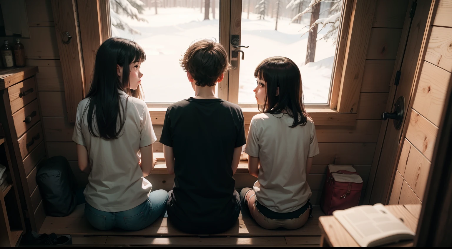 Two girls, and one boy, sitting in a cabin.