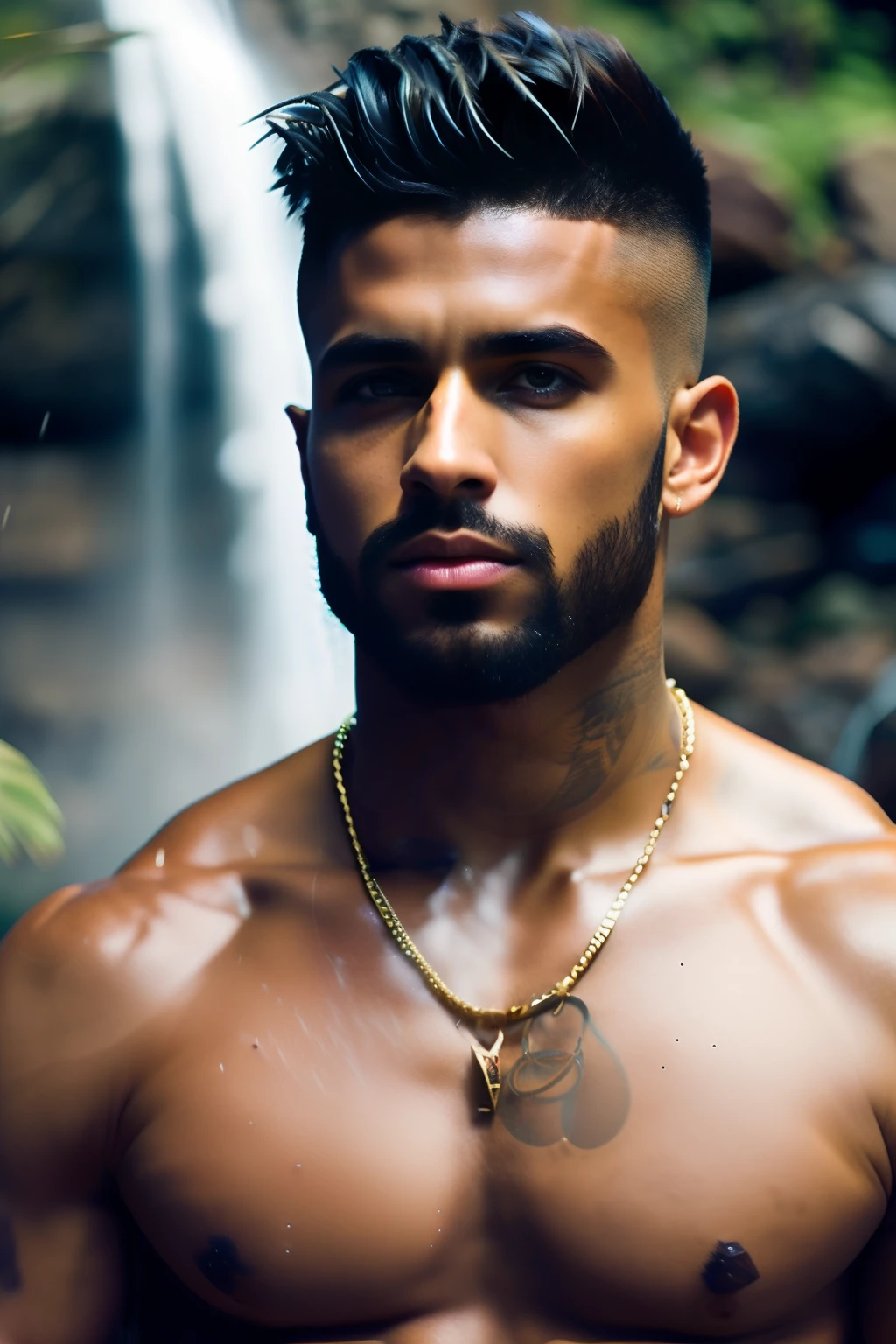 fking_scifi, fking_scifi_v2, portrait of a young, muscular extremely handsome and attractive Brazilian male model, in front of a waterfall, short windy hair, hairy tattooed body, colorful clothing and golden jewelry, close up, regal pose and attitude. fking_cinema_v2.