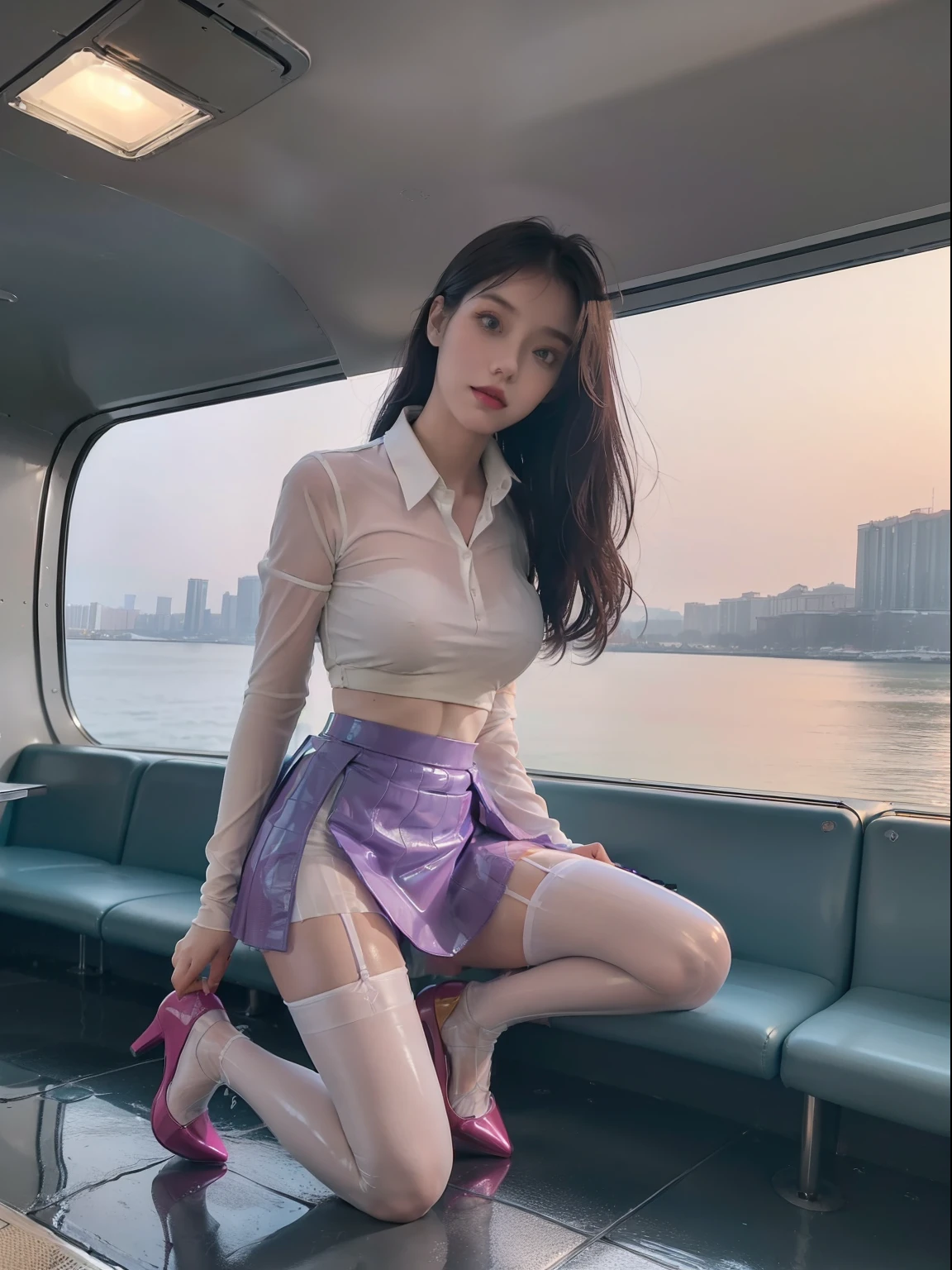 (full bodyesbian:2),(1girll:1.2),(Reveal high heels,A perfect match to the picture:1.1), (anatomy correct:1.3), (Clear latex pantyhose:1.4),(Cyberpunk city characters|Underground|At the summit|on a snowy mountain|over the sea|in the water|On the boat|Top of high-rise building|On the street|in woods|at the lakes|In front of the waterfall|in an airplane|In space|In the palace|In glass|In the sewers|In the mud|in a Petri dish|In nuclear wastewater|In venom|The metropolis of the future|:1.1),(Wear gorgeous student uniforms and knee-length skirts:1.7), (Polished pointed toe heels:1.6), (Stockings reflective:1.5),(In pink|amarelo|blue colors|green color|red colour|white colors|black in color|purpleish color|greys|Beige|Flesh-colored:1.3),(Accurate and perfect face:1.4),A shallow laugh,,hyper HD, Ray traching, reflective light,structurally correct, Award-Awarded, high detal, lightand shade contrast, Face lighting,cinmatic lighting, tmasterpiece, super detailing, high high quality, high detal, best qualityer, 16k,