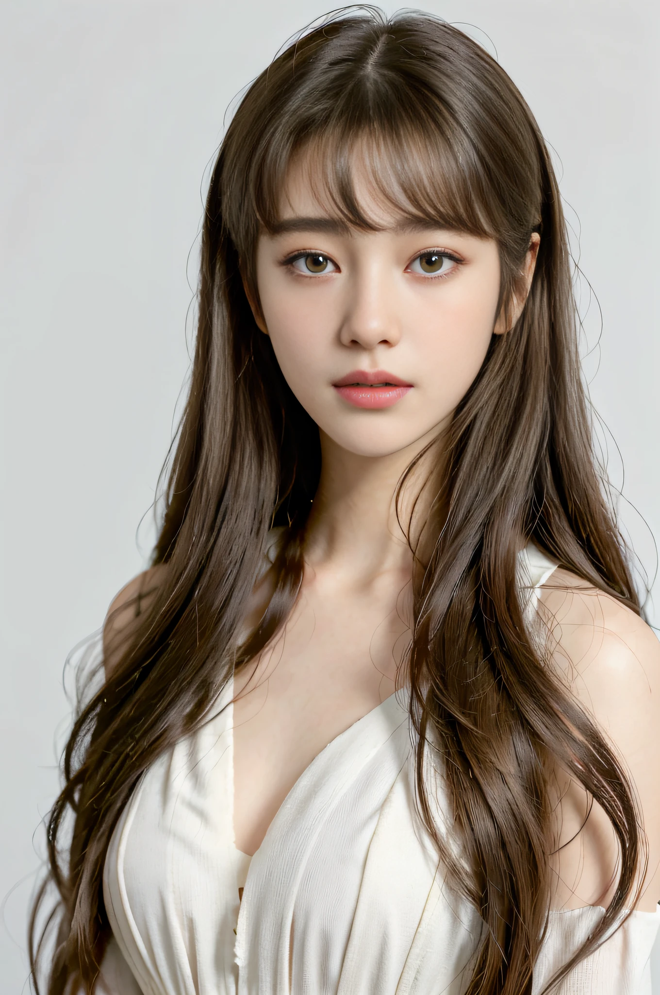 Korean Actress, 1girls,Open shoulders, Long straight hair, light brown color.., calm, tranquil, (Eyes with realistic details, Natural textures, Realistic face details), Breathtaking light, soft., deep depth of field, bokeh, vibrant details, exquisitely detailed, hyperrealistic,White dress,white background