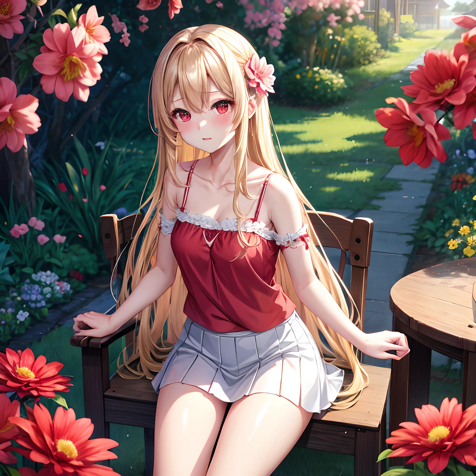 a blond、red eyes、One pretty girl、独奏、animesque、flower field、red blush、Camisole、a miniskirt、Sitting on a chair、Underwear is slightly visible