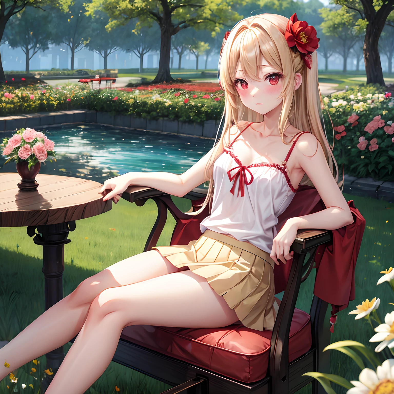 a blond、red eyes、One pretty girl、独奏、animesque、flower  field、red blush、Camisole、a miniskirt、Sitting on a chair、Underwear is slightly visible