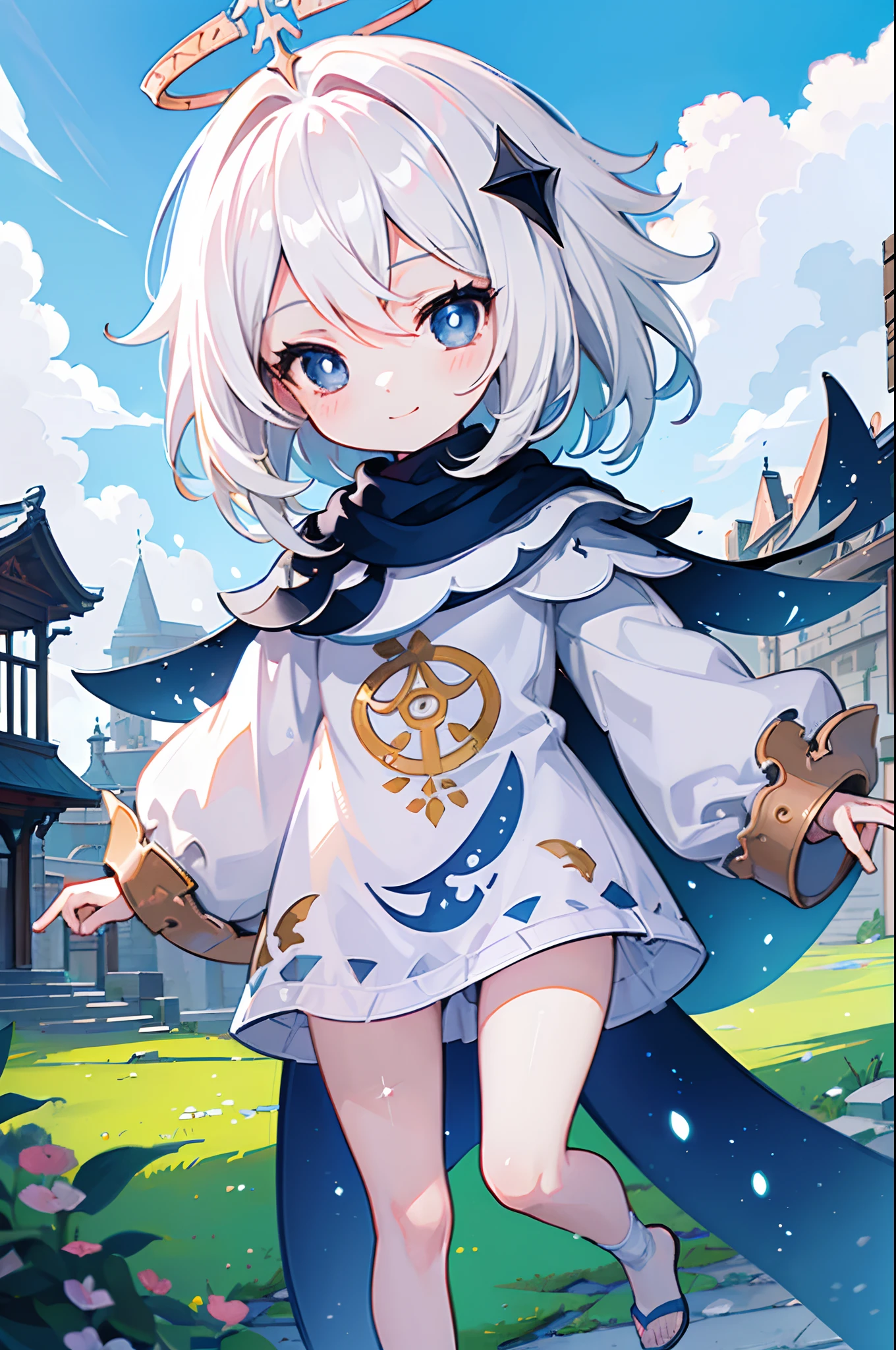 ((illustration)),(((masterpiece))),((best quality)),(High resolution), hignity 8k wallpaper, ((chibi)), (beautiful detailed eyes),(highres), reflective hair,paimondef, standing, upper body, smile, blush, outdoors, day, simple background, blue sky, sky, temple, looking at viewer, moody lighting, facing viewer,look at viewer