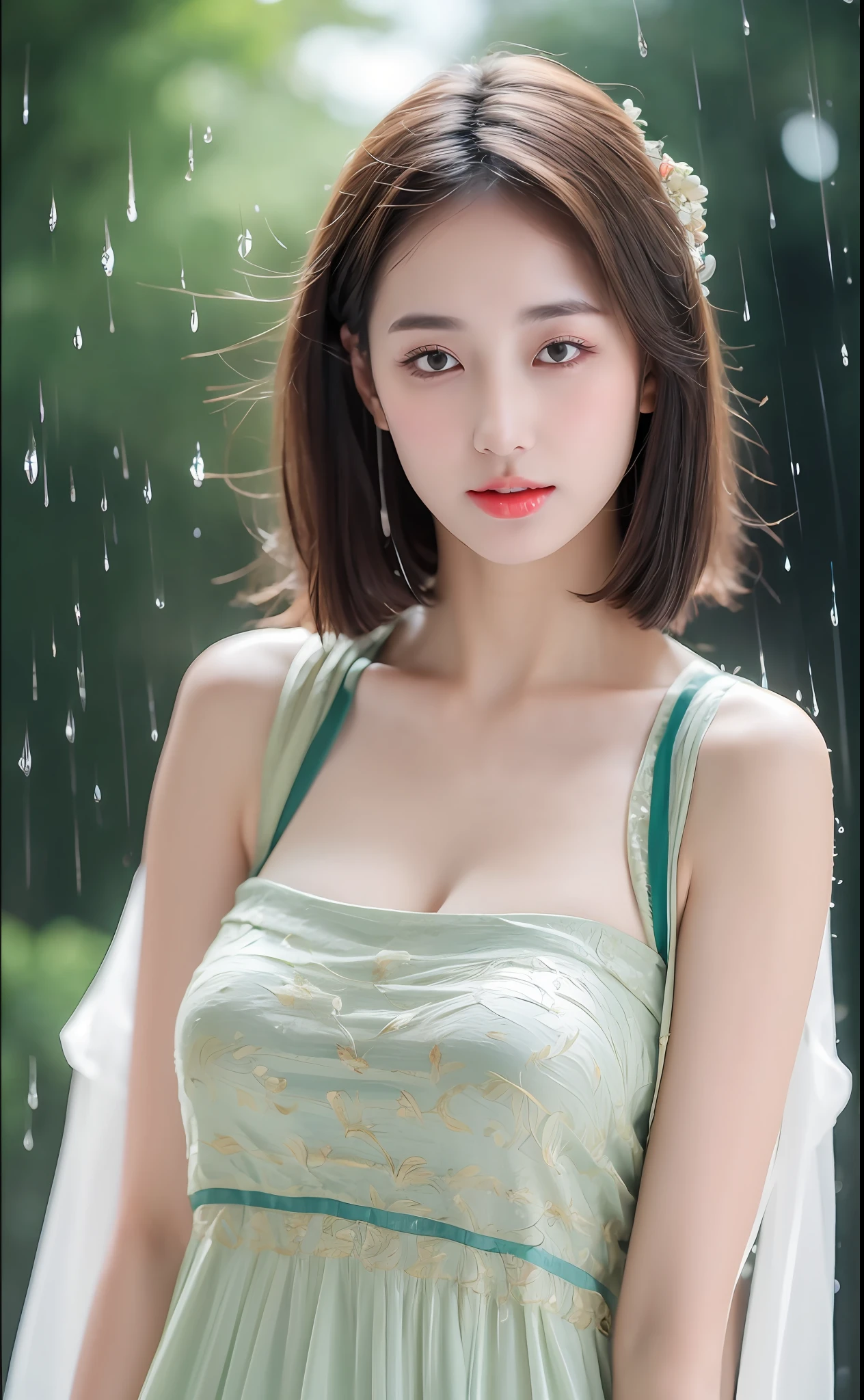((Best Quality, 8k, Masterpiece: 1.3)), Focus: 1.2, Perfect Body Beauty: 1.4, Buttocks: 1.2, ((Layered Haircut)), (Wet Clothes: 1.1), (Rain, Street:1.3), (Breasts: 1.2), (Hanfu: 1.2), Bare Shoulders, Bare Legs, Highly Detailed Face and Skin Texture, Fine Eyes, Double Eyelids, Whitened Skin, Long Hair, (Shut Up: 1.5), (Bokeh Background: 1.5), Big Breasts