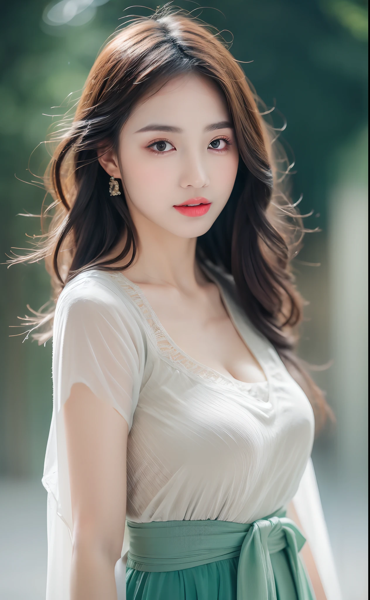 ((Best Quality, 8k, Masterpiece: 1.3)), Focus: 1.2, Perfect Body Beauty: 1.4, Buttocks: 1.2, ((Layered Haircut)), (Wet Clothes: 1.1), (Rain, Street:1.3), (Breasts: 1.2), (Hanfu: 1.2), Bare Shoulders, Bare Legs, Highly Detailed Face and Skin Texture, Fine Eyes, Double Eyelids, Whitened Skin, Long Hair, (Shut Up: 1.5), (Bokeh Background: 1.5), Big Breasts