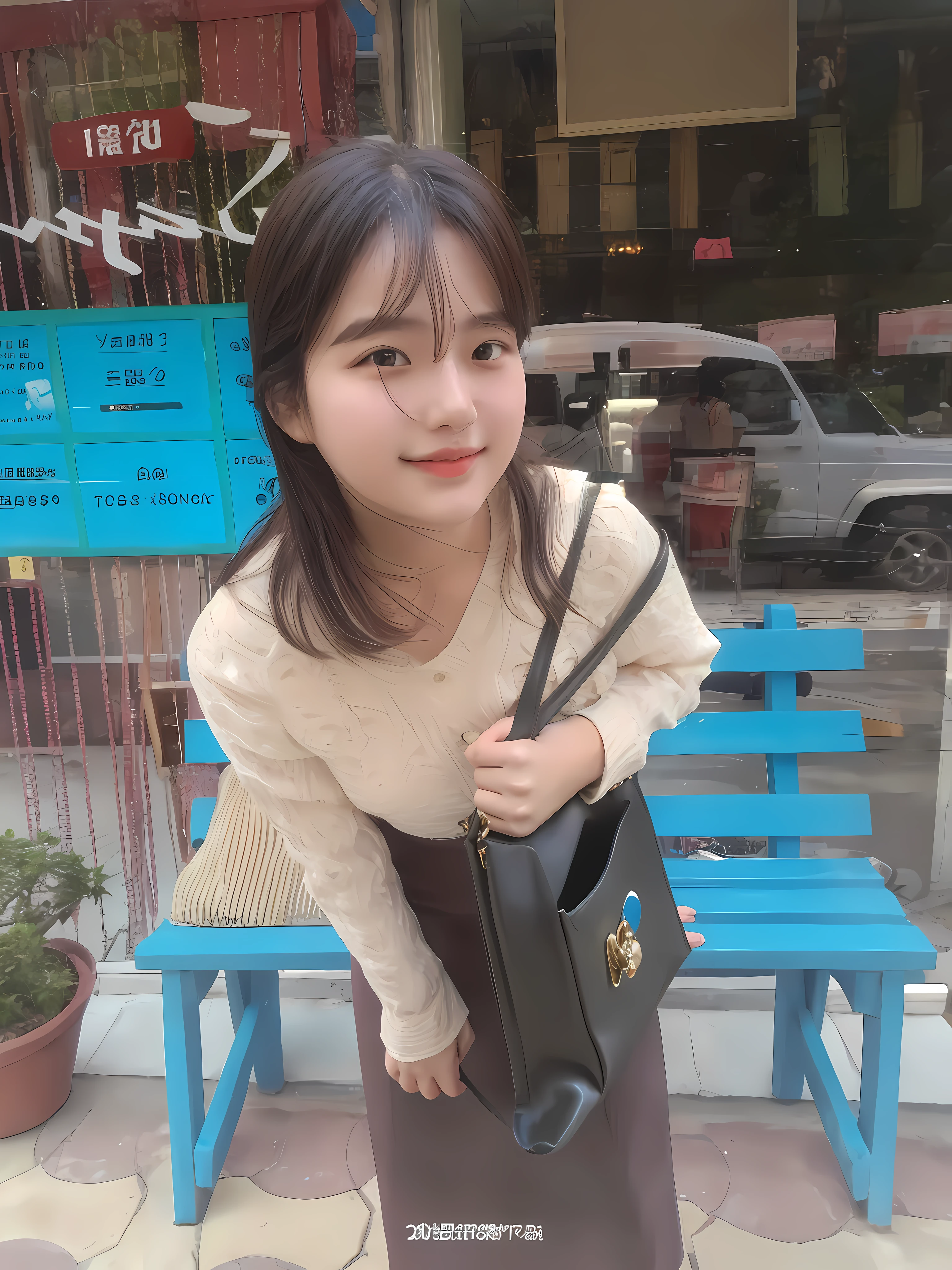 A cute girl holding a bag, evening sun shining on her, realistic, lookalike, look alike