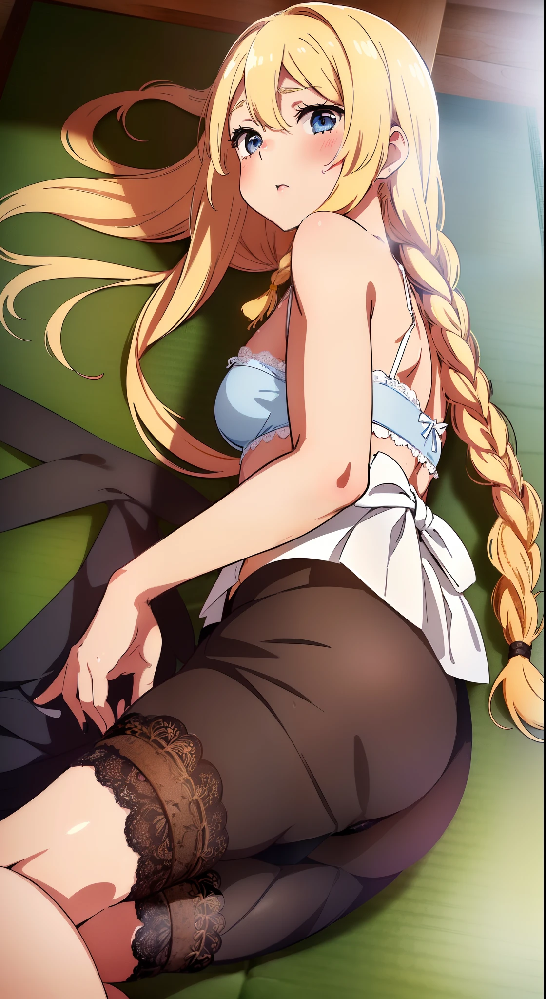 (masterpiece)), ((top-quality)), (The ultra-detailliert), ((kawaii)), cute little, (Wonderful), ((ighly detailed)), 4K、 (8K), top-quality, (Beautiful fece),(((World-class quality))), ighly detailed, hight resolution,、1 girl in、18year old、(((Black skin)))、(((dark brown skin)))、(((Small udder)))(very detailed face and eyes:1)、(kawaii:1.4)、shadow effect、小柄、((((a blond))))(((yellow hair)))、(braided long hair)(((Braided hair)))(((Patsun)))、(hime-cut)、((Shining light blue eyes))、Anime filling、Top image quality、detail portrayal、(deadpan)、red blush、(((Looking down)))、(((Composition seen from the side))),(((lie down))),(((a black skirt)))、(((The skirt is twisted))),(((The act of undressing))),(((White underwear)))),(((Sweaty skin)))、(((lace string panties)))、((Pulling the laces of panties)),((beautiful thigh))、(((Beautiful collarbone)))、(((Crab crotch)))、(((Detailed depiction of the thigh)))、(((On tatami mats)))、(((Detailed panty depiction))))、(((Beautiful ass)))、