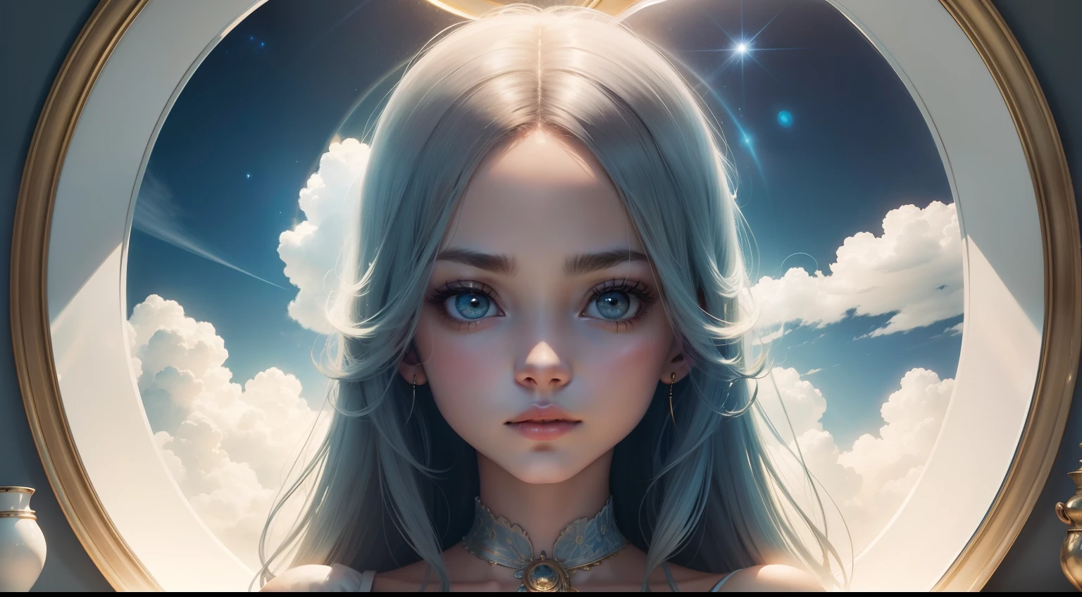 Round Mirror, made of clouds, celestial background, mirror reflects Great Central Sun and a figure of a beautiful hybrid girl, with a very unusual quirky features, like an extraterrestrial being, in the center of the reflection.