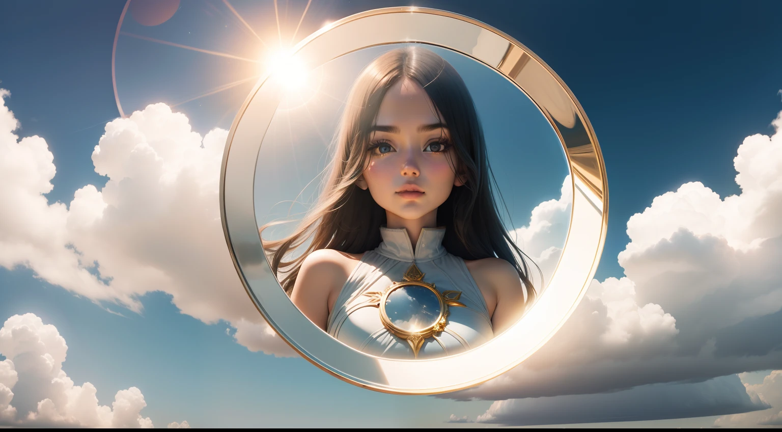 Round Mirror, made of clouds, celestial background, mirror reflects Great Central Sun and a figure of a beautiful hybrid girl, with a very unusual quirky features, like an extraterrestrial being, in the center of the reflection.