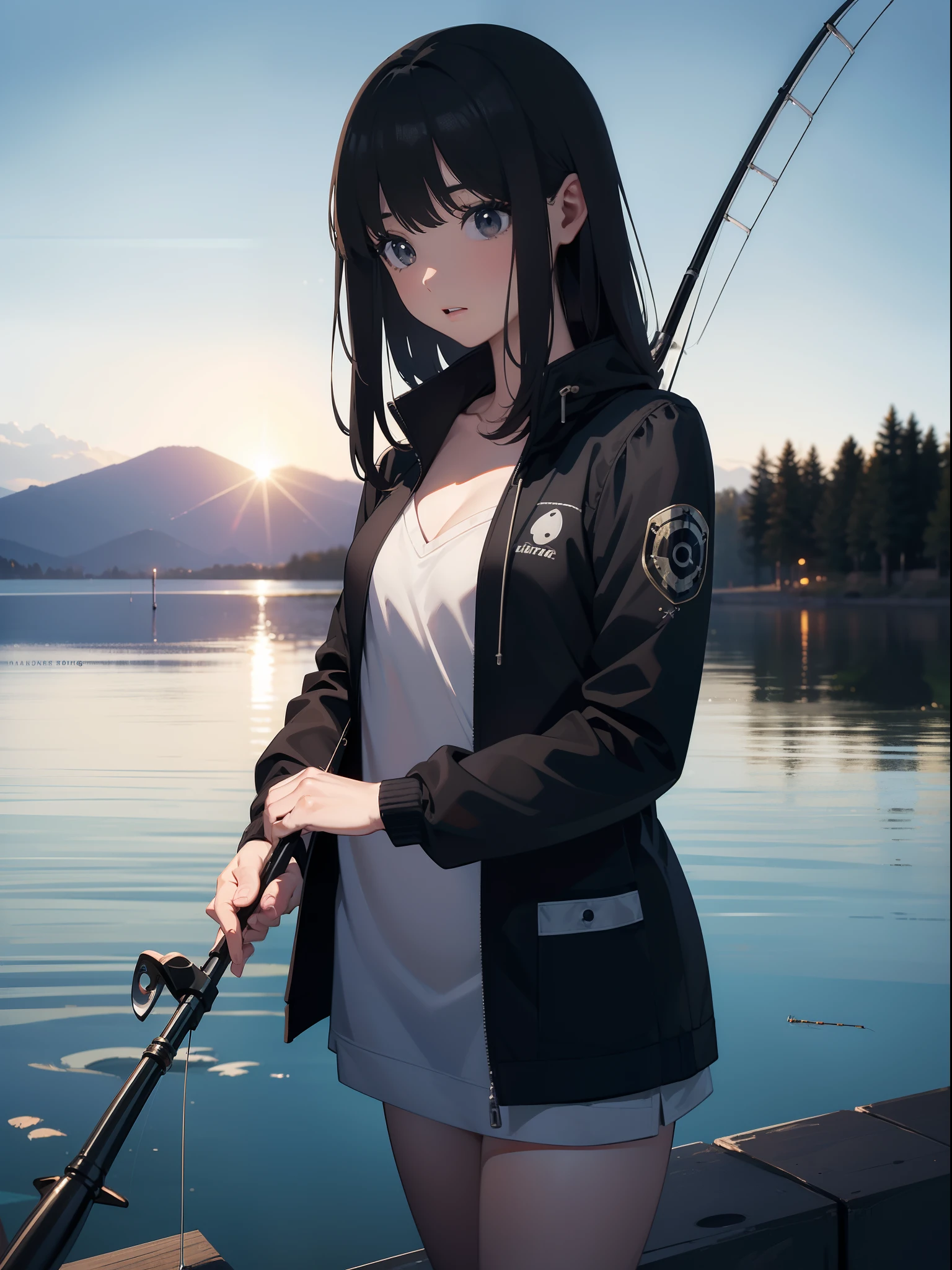 ((((holding a fishing rod by the lake)))),((Best Quality, masutepiece :1.3)),hight resolution,ultra-detailliert,Official art,Beauty and aesthetics,masterpiece,best qualtiy,ighly detailed,1 japanese girl,Black hair, long eyeslashes, Solid Circle Eyes, deadpan, drop shadow, Atmospheric perspective,Super Detail, ccurate, Best Quality, small tits,Black jacket,