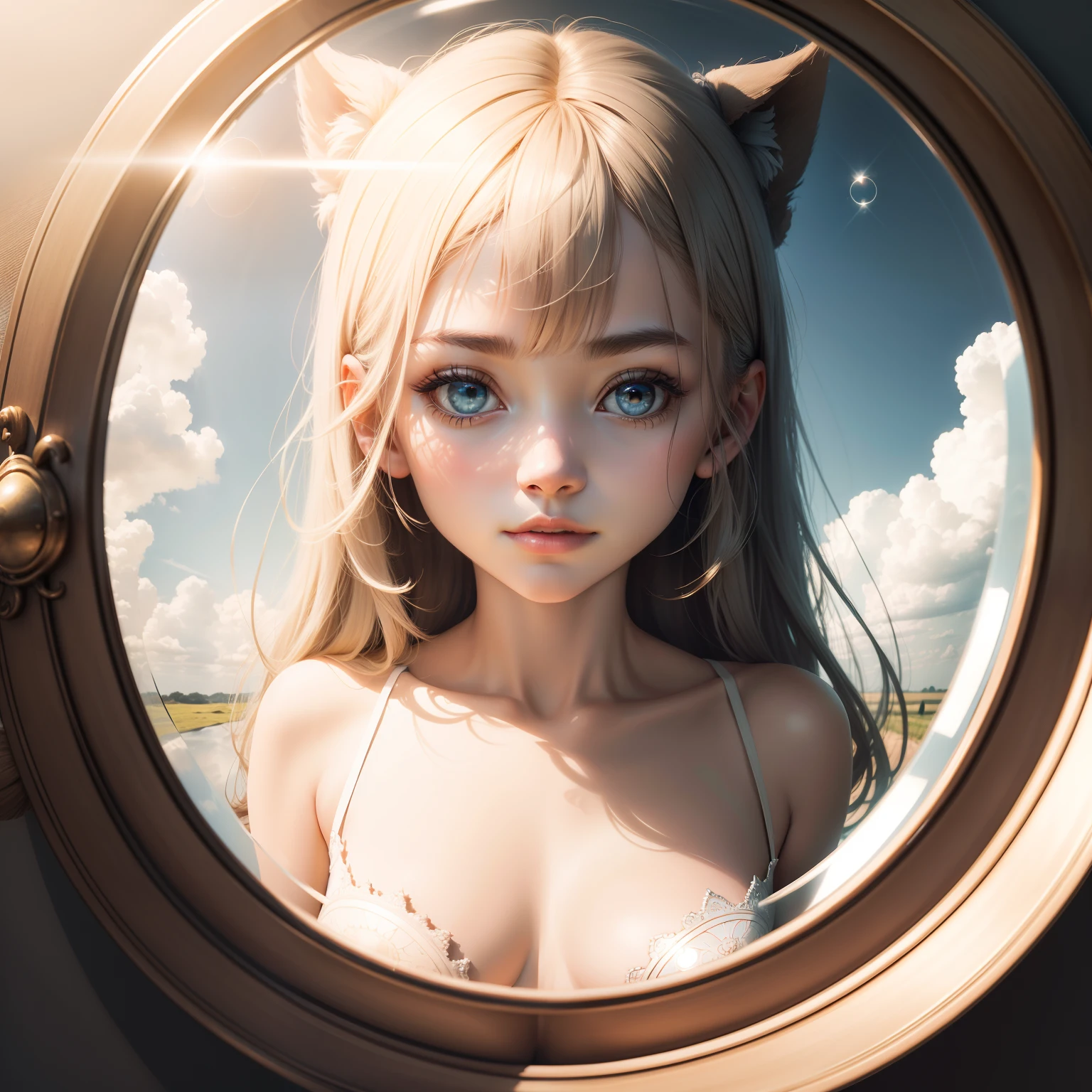 Round Mirror, made of clouds, celestial background, mirror reflects Great Central Sun and a figure of a beautiful hybrid girl, with a very unusual quirky features, like an extraterrestrial being, in the center of the reflection.