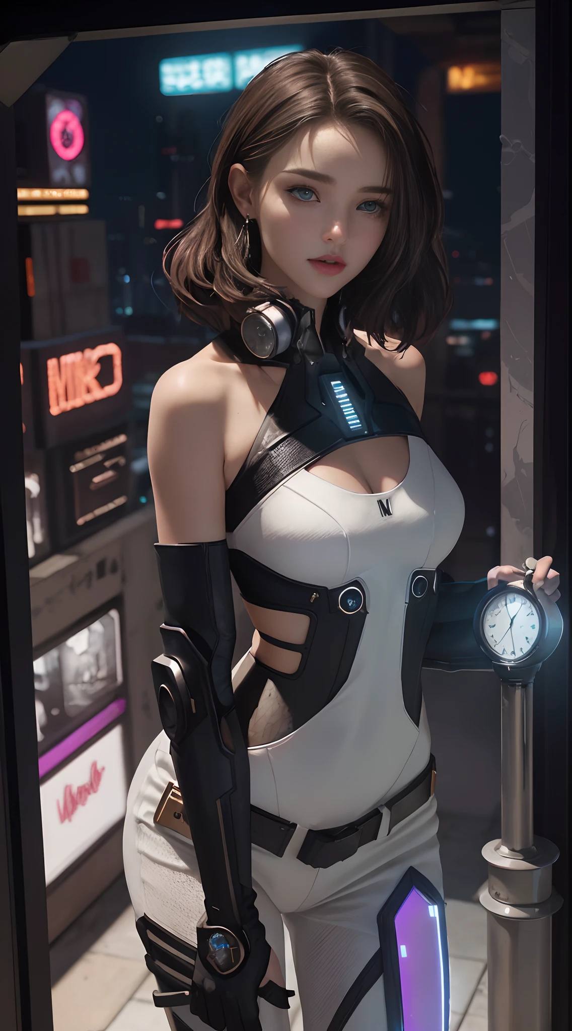 (Cate: female cyberpunk, 26 YO, Similar to Miranda Kerr & A perfect face & White cyberpunk dress & Full armor with pants & Ultra detailed hazel eyes & Tall & Slender & Pale skin & Dark brown hair cascading down to your shoulders & Small bust & Clock figure of sand, perfect hand)),| She Is Running On The Rooftops, Dynamic Poses, Background Futuristic Night City,|