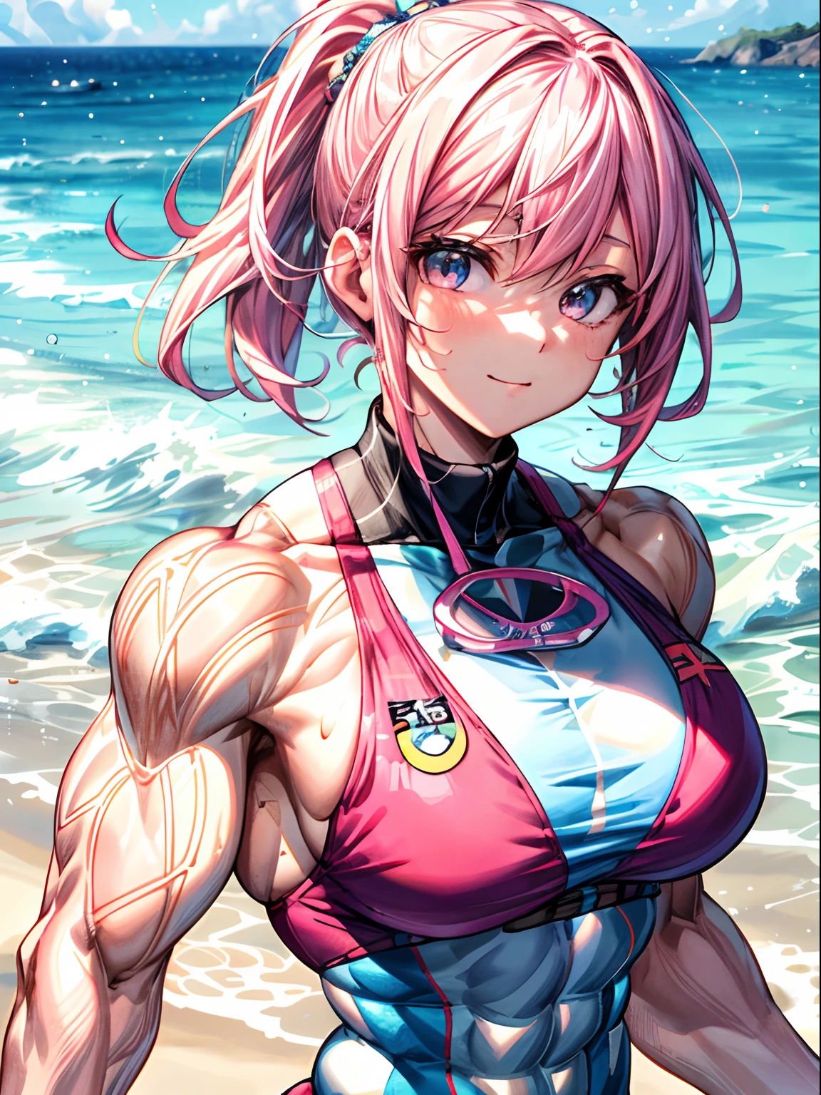 (BEST lighting) , (ultra intricately detailed) , 4K unification, (super-detailed CG: 1.2) , (8K: 1.2),(Original), (Masterpiece) , (Best quality),(Masterpiece:1.4),Anime-ish high quality,(Masterpiece),Masterpiece, Best quality, absurderes,((masterpeace, 4K, 8K, Yes, A high resolution))1girll,ssmile, She was on the beach,Go to the beach, Swimsuit bra, Spring, , Perfect figure, Very robust,Pink hair, Sweat, Dynamic pose, ((body builder:1.5)),Temple background,(Beautiful bace),(Girl),(Female),(((Upper body:1)))