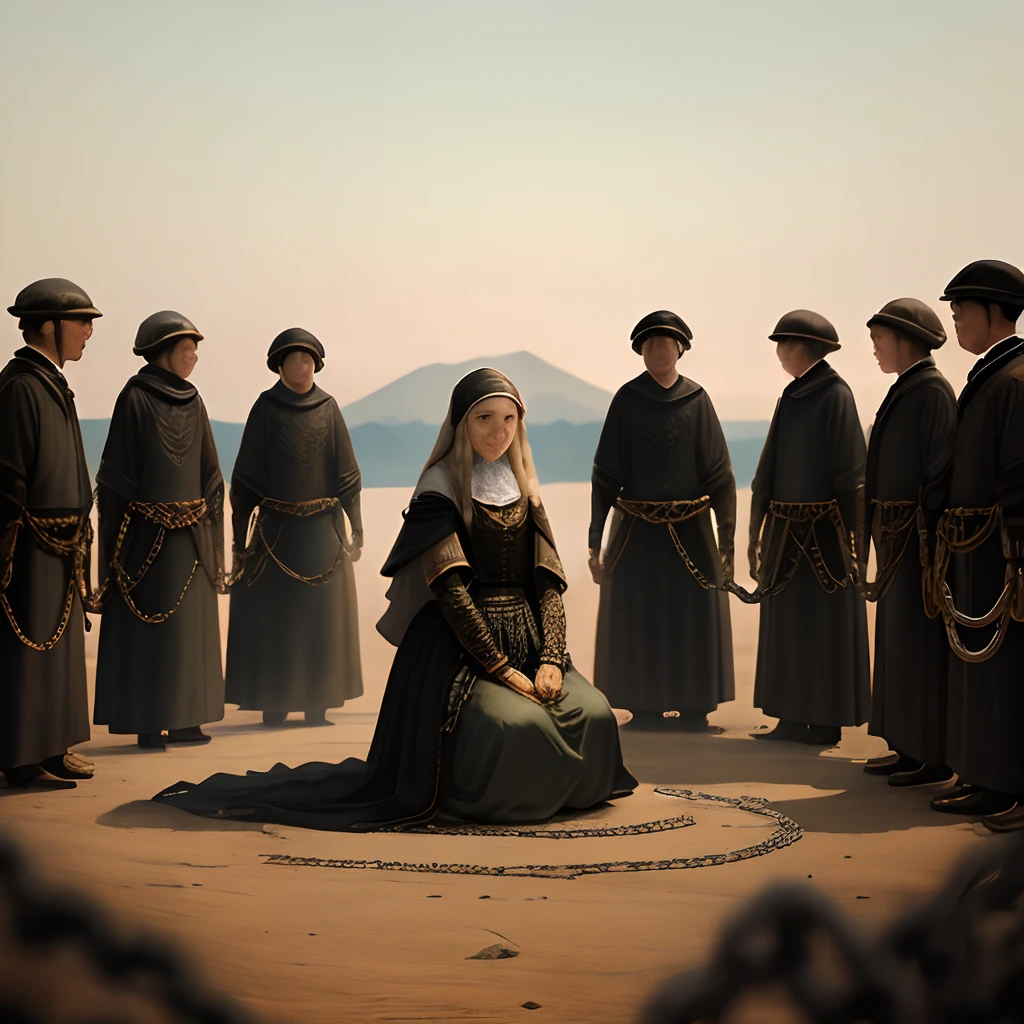 The woman is led by chains and kneels