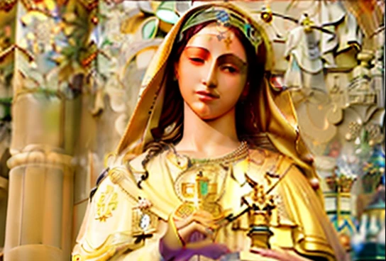 Arafed statue of a woman with a veil and a quote, Virgem Maria, queen of heaven, majestosa mulher de santo, santa mulher, mary in a sanctuary, Santo de ouro bonito, iconografia religiosa, Catholic, Monserrat Gudiol, santo, Senhora de Elche, Holy, Retrato da Virgem Maria, santas mulheres, santo e belo, escultura religiosa