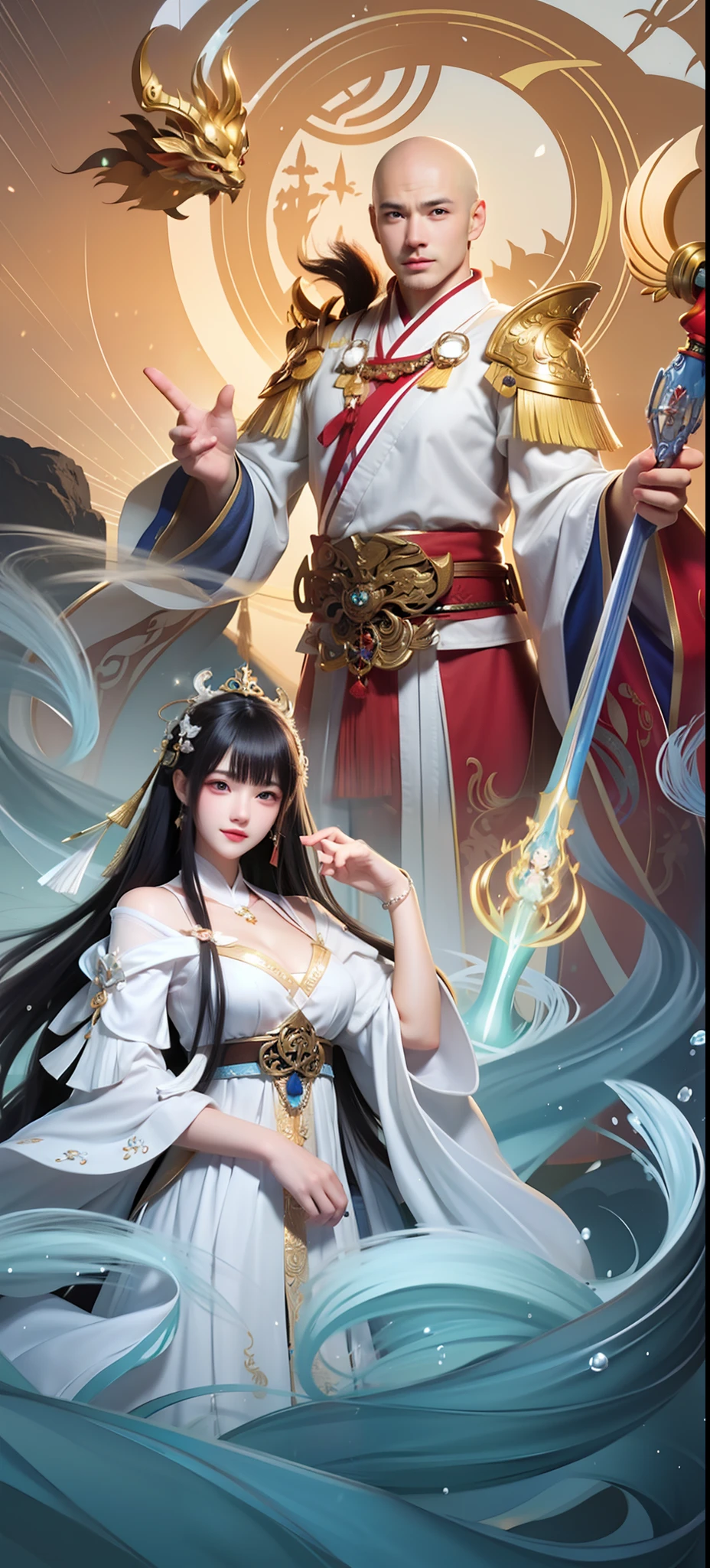 a young man and a woman,Fahai,Bald man,Bai Suzhen,queen of the sea mu yanling, inspired by Park Hua, onmyoji, yiqiang and shurakrgt, G Liulian art style, Onmyoji detailed art, xianxia hero, inspired by Ju Lian, Chinese fantasy, inspired by Zhang Wo, a beautiful fantasy empress