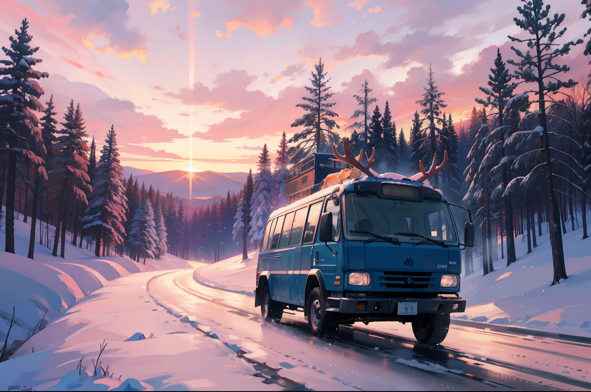 A moose at the side of the road, the moose looks at the front of an old, dented blue bus passing through the snowy landscape. The pink sunset light reflects on the windshield. The blue bus travels to the sunset. Further back you can see a forest. The landscape is dyed with pink and salmon colors by the sunset light.