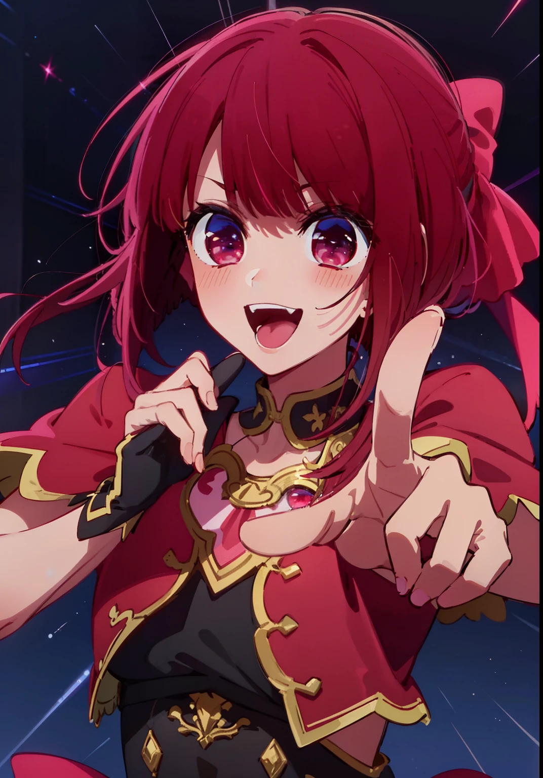 masterpiece、ighly detailed、(1 girl in:1.2)、Red hair、big eye、a closeup、A smile、8K、short-hair、animesque、Shining eyes、(((Red Idol Costume))), ((Red dress)), (((Pink gloves))), dance, sings, brilliance, on a stage,Black hair ornament, stage, A light, striated hair, radiant eyes, medium breasts, gloves, Sing with your mouth open, Bottom Black Skirt