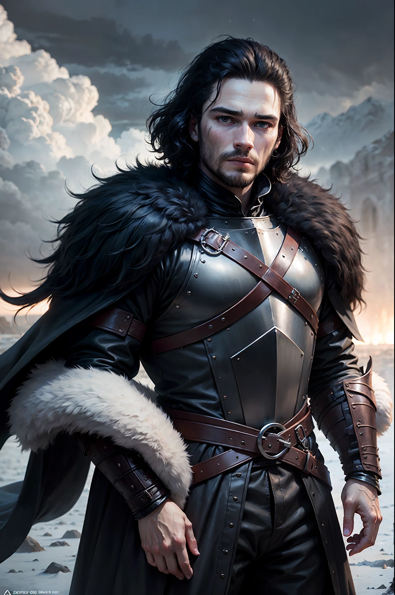 a man in a black fur armor , john snow , bleeding , black hair,storm, windy, style of game of thrones, game of thrones style, wearing intricate fur armor,