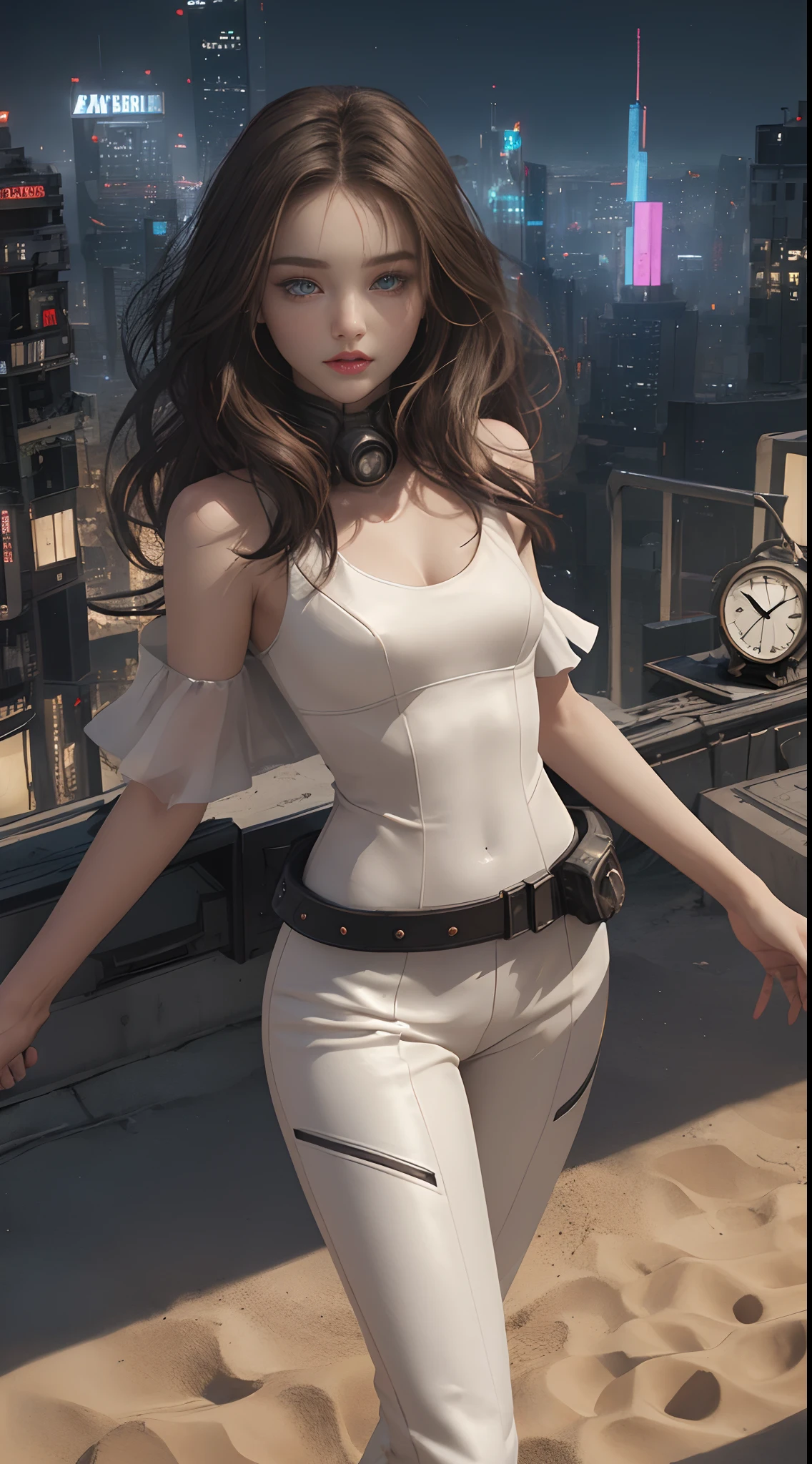 (Cate: female cyberpunk, 26 YO, Similar to Miranda Kerr & A perfect face & White cyberpunk dress & Full armor with pants & Ultra detailed hazel eyes & Tall & Slender & Pale skin & Dark brown hair cascading down to your shoulders & Small bust & Clock figure of sand, perfect hand)),| She Is Running On The Rooftops, Dynamic Poses, Background Futuristic Night City,|