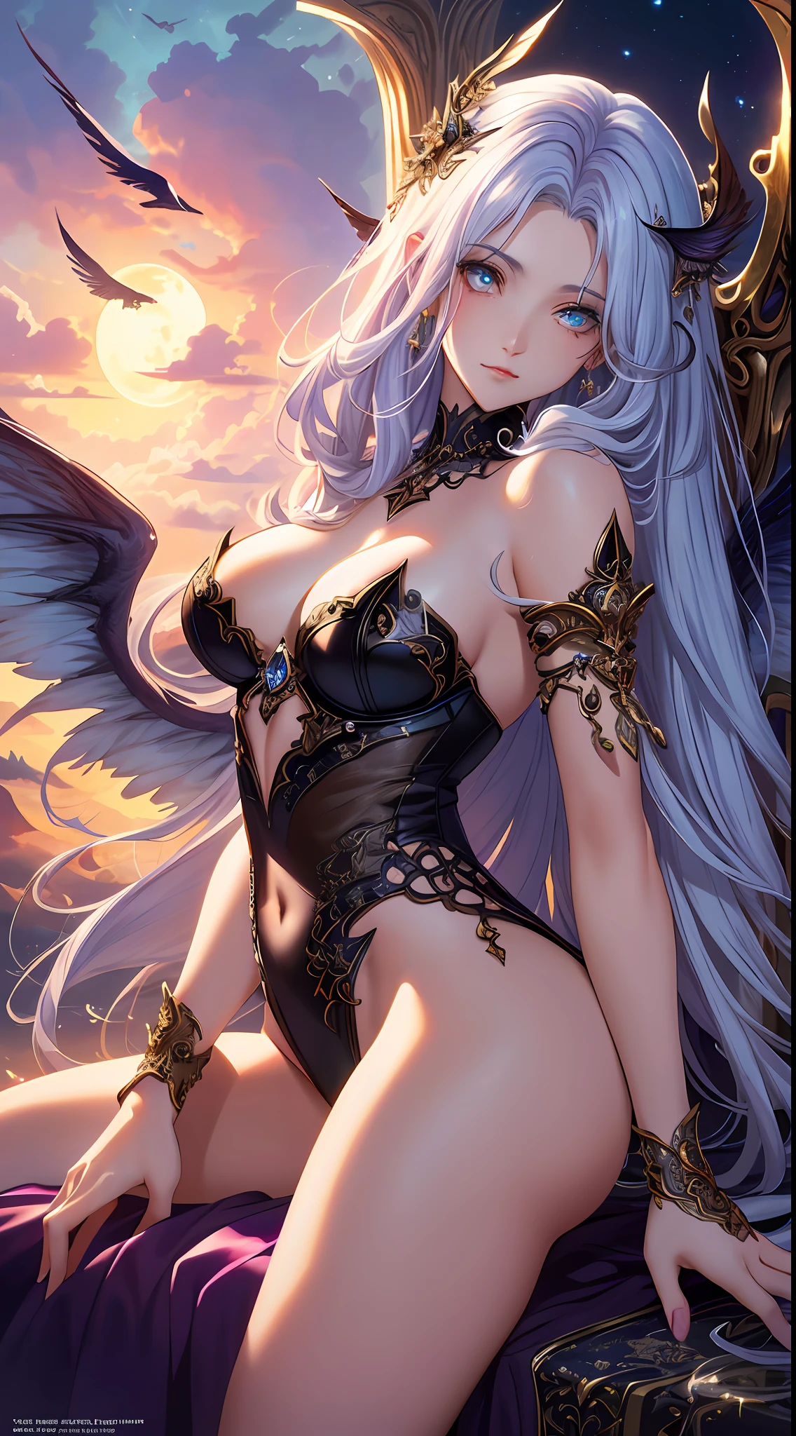 ((Need)), ((tmasterpiece)), (A detailed), Enchanting succubus, Ethereal beauty, Perched in clouds, (fantasy illustrations:1.3), Seductive gaze, captivating posture, delicate wings, otherworldly charm, Mysterious Sky, (Luis Royo:1.2), (Yoshitaka Amano:1.1), Moon Night, pastelcolor, (Detailed cloud view:1.3), (A high resolution:1.2),Close-up shot,Close-up shot,Black eyes,Detailed beautiful eyes,angelicales,White wings
