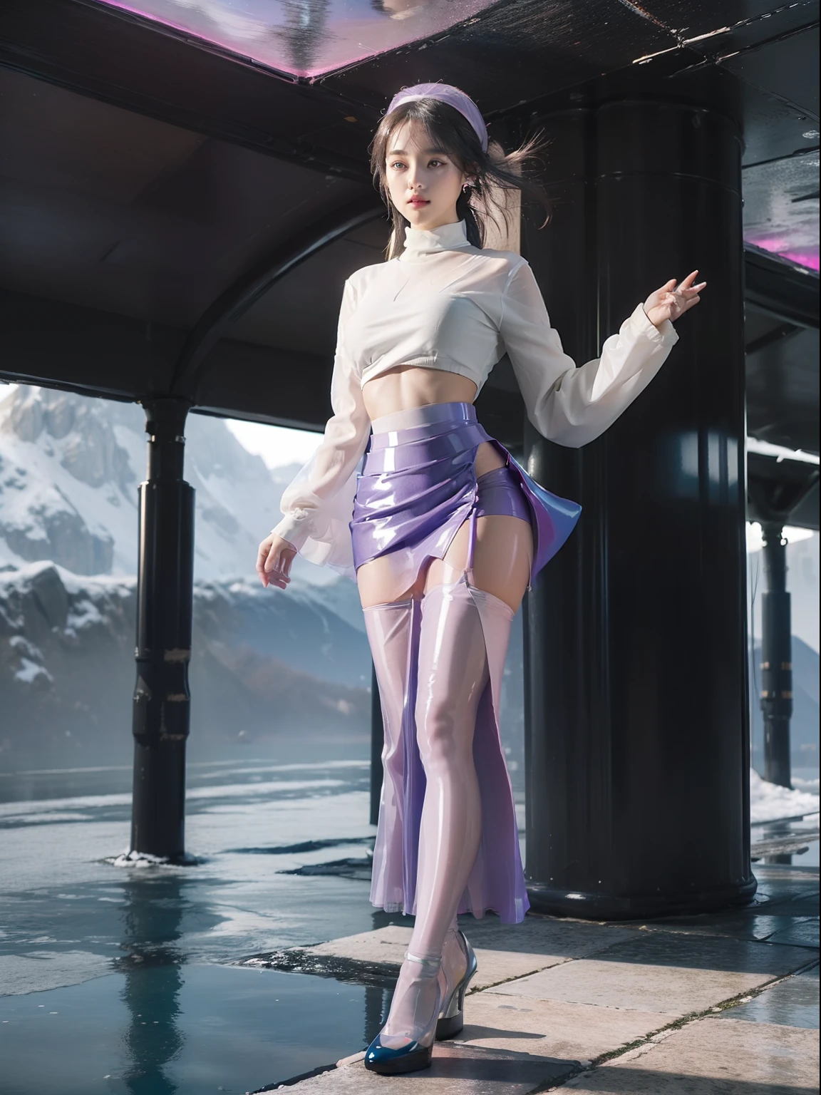 (full bodyesbian:2),(1girll:1.2)，(Reveal high heels，A perfect match to the picture:1.1)， (anatomy correct:1.3), (Clear latex pantyhose:1.4)，(Cyberpunk city characters|Underground|At the summit|on a snowy mountain|over the sea|in  the water|On the boat|Top of high-rise building|On the street|in woods|at the lakes|In front of the waterfall|in an airplane|In space|In the palace|In glass|In the sewers|In the mud|in a Petri dish|In nuclear wastewater|In venom|The metropolis of the future|In the deep sea|:1.1)，(Wear gorgeous student uniforms and maxi skirts:1.7)， (Polished pointed toe heels:1.6), (Stockings reflective:1.5)，(In pink|amarelo|blue colors|green color|red colour|white colors|black in color|purpleish color|greys|Beige|Flesh-colored:1.3)，(Accurate and perfect face:1.4)，A shallow laugh,,hyper HD, Ray traching, reflective light，structurally correct, Award-Awarded, high detal, lightand shade contrast, Face lighting，cinmatic lighting, tmasterpiece, super detailing, high high quality, high detal, best qualityer, 16k，