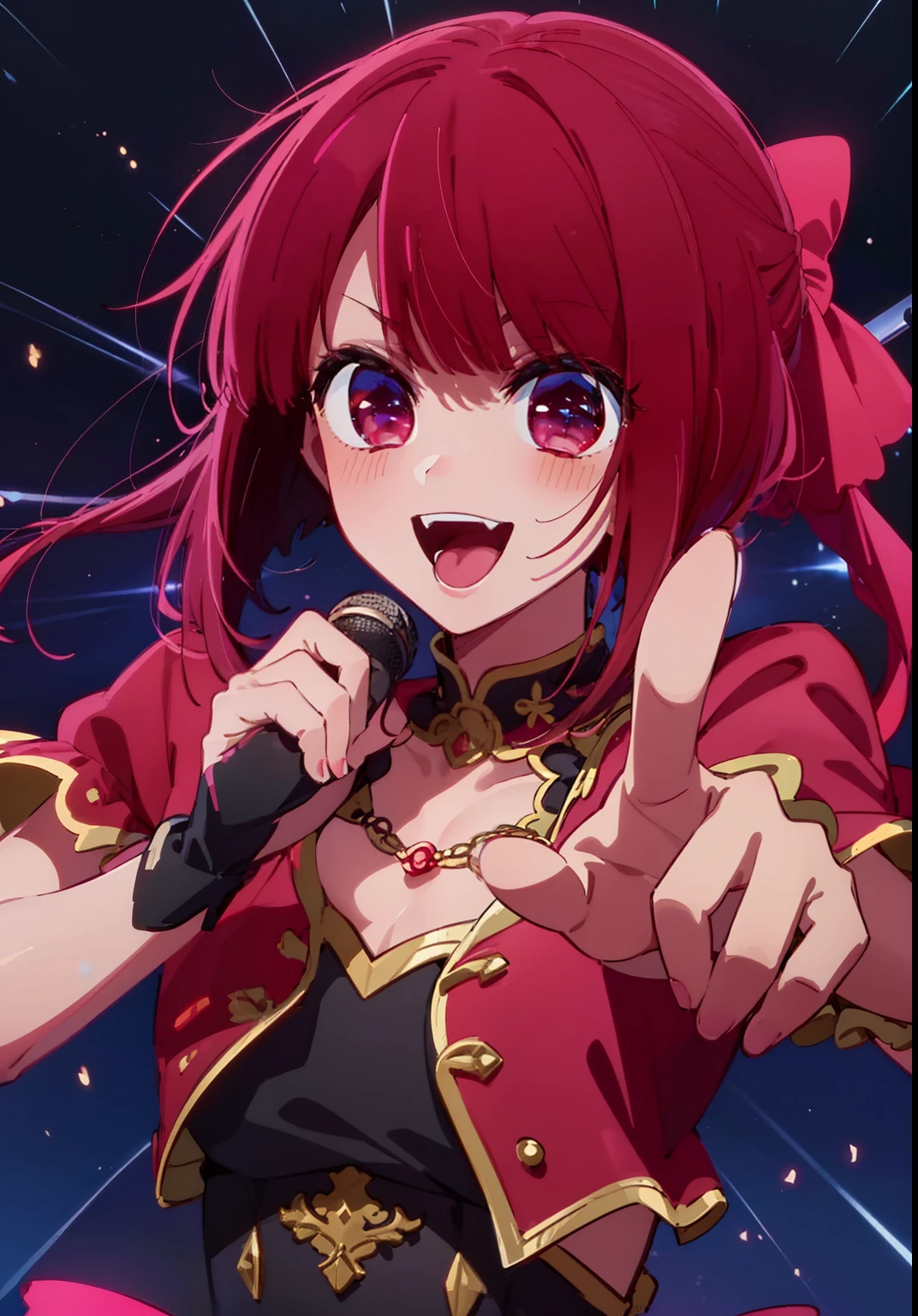masterpiece、ighly detailed、(1 girl in:1.2)、Red hair、big eye、a closeup、A smile、8K、short-hair、animesque、Shining eyes、(((Red Idol Costume))), ((Red dress)), (((Pink gloves))), dance, sings, brilliance, on a stage,Black hair ornament, stage, A light, striated hair, radiant eyes, medium breasts, gloves, Sing with your mouth open, Bottom Black Skirt