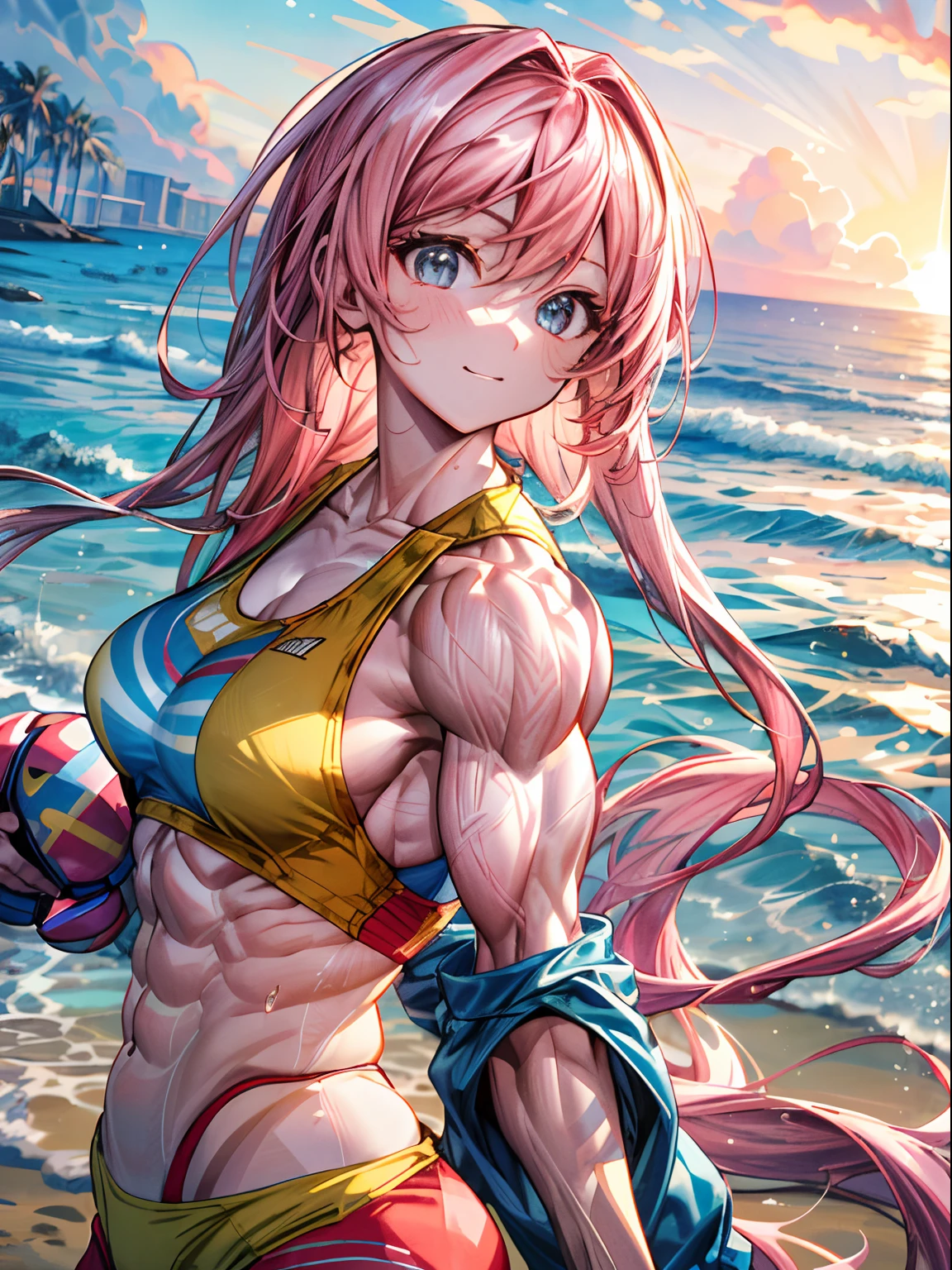 (BEST lighting) , (ultra intricately detailed) , 4K unification, (super-detailed CG: 1.2) , (8K: 1.2),(Original), (Masterpiece) , (Best quality),(Masterpiece:1.4),Anime-ish high quality,(Masterpiece),Masterpiece, Best quality, absurderes,((masterpeace, 4K, 8K, Yes, A high resolution))1girll,ssmile, She was on the beach,Go to the beach, swimsuit bra, Spring, , Perfect figure, Very robust,Long pink hair, Sweat, Dynamic pose, ((body builder:1.5)),Temple background,(Beautiful bace),(Girl),(Female),(((Upper body:1)))