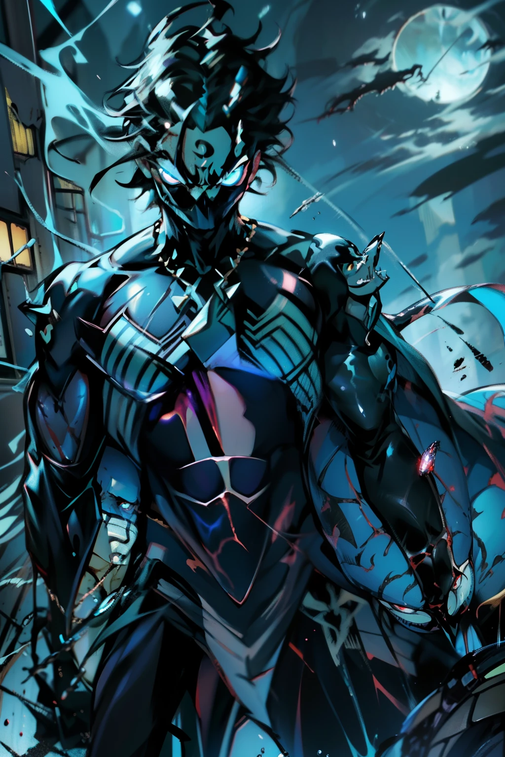 《the original god》Arataki Kazuto , male people, chest muscle, Sexy , Venom symbiote for your body, Black mucus of the body , into venom, venomize,Black bodysuit,(Cloak),Red cape,Abs,(Adult male)((Venom possession,venom symbiote)),over-Tortoise Man,Battle damage,((Masterpiece)), ((Best quality)), Ultra detailed,((illustration)), Dynamic Angle, Detailed light, (Delicate eyes), Floating, 1boy, Male focus, Head, Clothing, Yellow eyes, necklace, tattoo, (Forehead:0.8), (ahoge:0.8), jewelry, brunette color hair,apathy,Ray, chest muscle, Sexy , Venom symbiote for your body, Black mucus of the body , (into venom), Venom,frontage,Bust photo,White tight-fitting top,spiderman outfit,style of anime4 K, 4K anime wallpaper, Badass anime 8 K, 4 k comic wallpaper, young anime man, Anime boys, Anime wallpapers 4 k, Anime wallpaper 4K, High quality anime art style, Anime moe art style, Anime art wallpaper 8 K, Anime art wallpaper 4 K, RGB lighting,