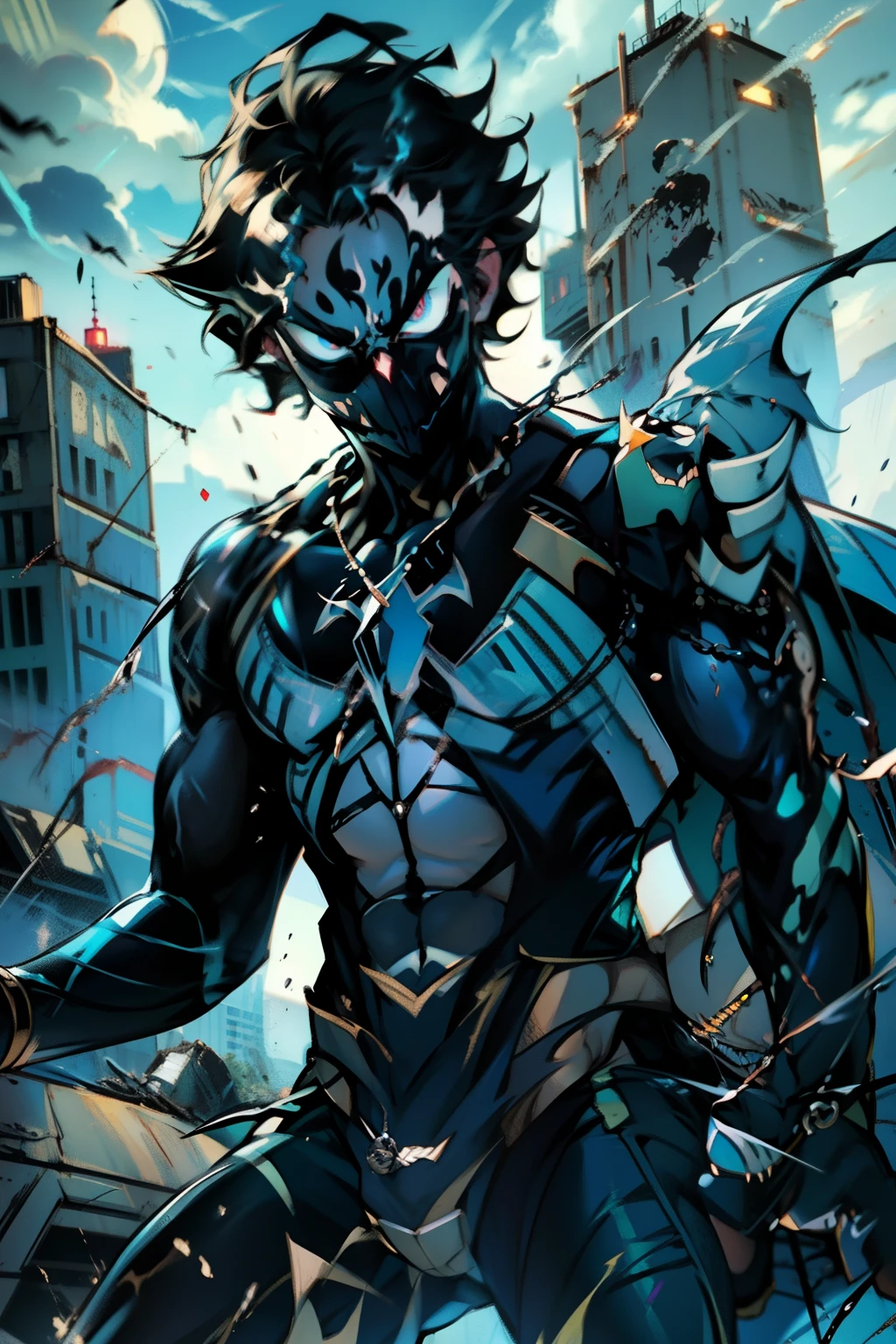 《the original god》Arataki Kazuto , male people, chest muscle, Sexy , Venom symbiote for your body, Black mucus of the body , into venom, venomize,Black bodysuit,(Cloak),Red cape,Abs,(Adult male)((Venom possession,venom symbiote)),over-Tortoise Man,Battle damage,((Masterpiece)), ((Best quality)), Ultra detailed,((illustration)), Dynamic Angle, Detailed light, (Delicate eyes), Floating, 1boy, Male focus, Head, Clothing, Yellow eyes, necklace, tattoo, (Forehead:0.8), (ahoge:0.8), jewelry, brunette color hair,apathy,Ray, chest muscle, Sexy , Venom symbiote for your body, Black mucus of the body , (into venom), Venom,frontage,Bust photo,White tight-fitting top,spiderman outfit,style of anime4 K, 4K anime wallpaper, Badass anime 8 K, 4 k comic wallpaper, young anime man, Anime boys, Anime wallpapers 4 k, Anime wallpaper 4K, High quality anime art style, Anime moe art style, Anime art wallpaper 8 K, Anime art wallpaper 4 K, RGB lighting,