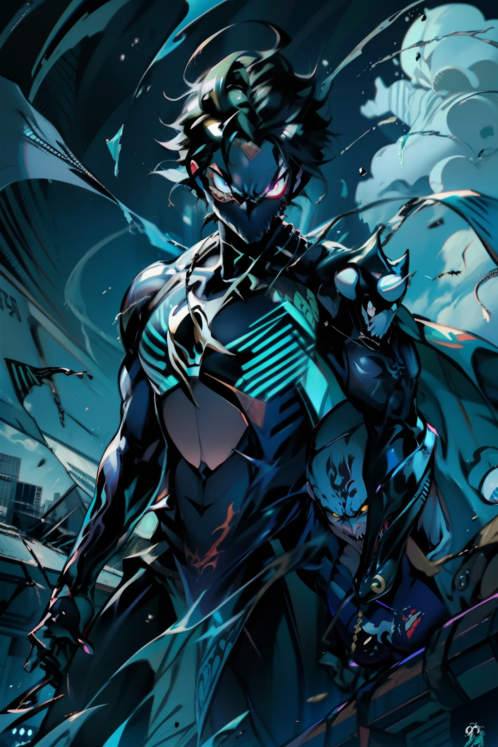 《the original god》Arataki Kazuto , male people, chest muscle, Sexy , Venom symbiote for your body, Black mucus of the body , into venom, venomize,Black bodysuit,(Cloak),Red cape,Abs,(Adult male)((Venom possession,venom symbiote)),over-Tortoise Man,Battle damage,((Masterpiece)), ((Best quality)), Ultra detailed,((illustration)), Dynamic Angle, Detailed light, (Delicate eyes), Floating, 1boy, Male focus, Head, Clothing, Yellow eyes, necklace, tattoo, (Forehead:0.8), (ahoge:0.8), jewelry, brunette color hair,apathy,Ray, chest muscle, Sexy , Venom symbiote for your body, Black mucus of the body , (into venom), Venom,frontage,Bust photo,White tight-fitting top,spiderman outfit,style of anime4 K, 4K anime wallpaper, Badass anime 8 K, 4 k comic wallpaper, young anime man, Anime boys, Anime wallpapers 4 k, Anime wallpaper 4K, High quality anime art style, Anime moe art style, Anime art wallpaper 8 K, Anime art wallpaper 4 K, RGB lighting,