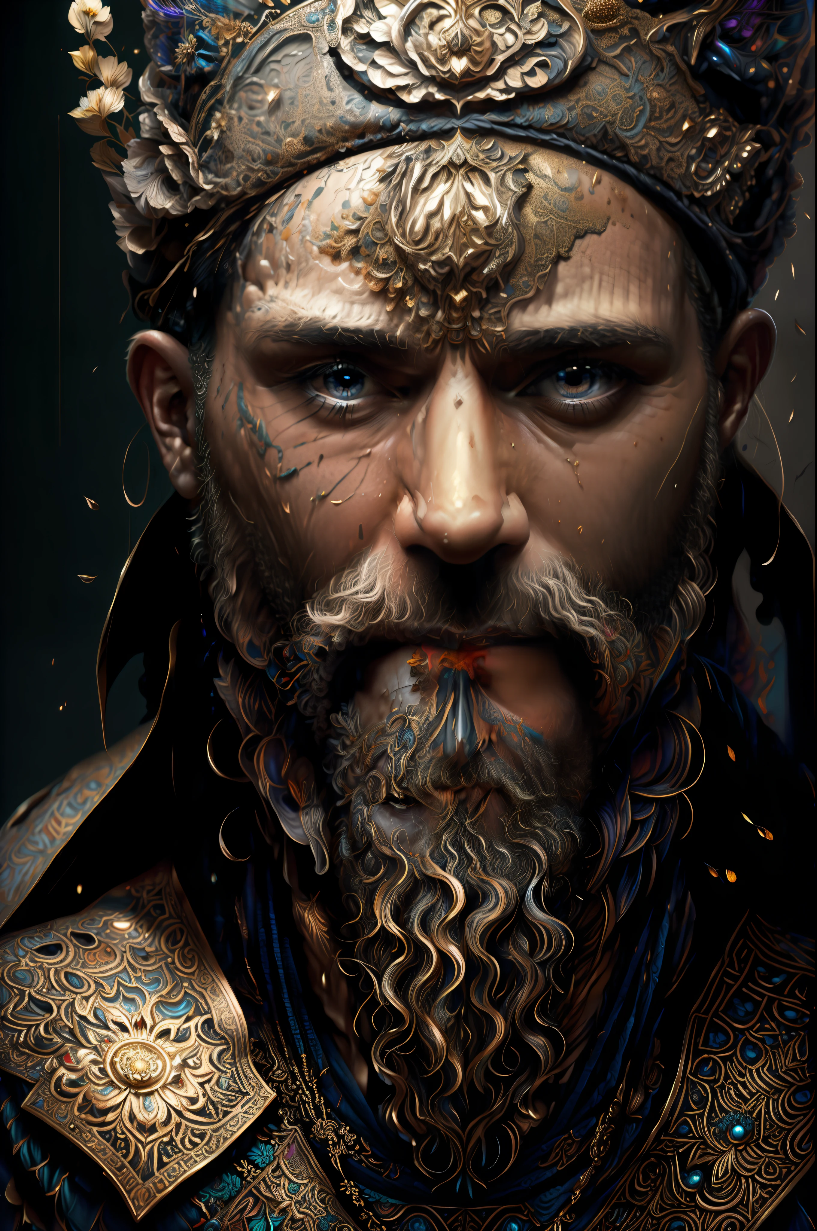 Digital painting of a 25-year-old man with a beard and a flowered headdress ,Arte de Alberto Severo, salpicaduras y gotas congeladas multicolores, dream, Pintura digital surrealista , brillos tornasolados, efectos 3D, Ultra HD, obra de arte magistral ,cinematic lighting,16k Arte digital 4K altamente detallado, Pintura digital intrincada, Arte digital detallado 4K, Gran arte digital con detalles, amazing detail digital art, Arte digital extremadamente detallado, Arte digital altamente detallado, amazing digital art, Awesome Digital Illustration, hyperdetailed fantasy character, Arte digital hiperdetallado, Arte digital demasiado detal