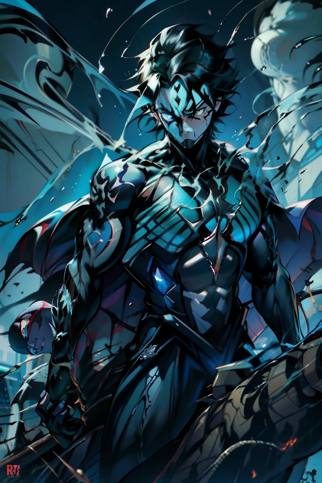 《the original god》Arataki Kazuto , male people, chest muscle, Sexy , Venom symbiote for your body, Black mucus of the body , into venom, venomize,Black bodysuit,(Cloak),Red cape,Abs,(Adult male)((Venom possession,venom symbiote)),over-Tortoise Man,Battle damage,((Masterpiece)), ((Best quality)), Ultra detailed,((illustration)), Dynamic Angle, Detailed light, (Delicate eyes), Floating, 1boy, Male focus, Head, Clothing, Yellow eyes, necklace, tattoo, (Forehead:0.8), (ahoge:0.8), jewelry, brunette color hair,apathy,Ray, chest muscle, Sexy , Venom symbiote for your body, Black mucus of the body , (into venom), Venom,frontage,Bust photo,White tight-fitting top,spiderman outfit,style of anime4 K, 4K anime wallpaper, Badass anime 8 K, 4 k comic wallpaper, young anime man, Anime boys, Anime wallpapers 4 k, Anime wallpaper 4K, High quality anime art style, Anime moe art style, Anime art wallpaper 8 K, Anime art wallpaper 4 K, RGB lighting,