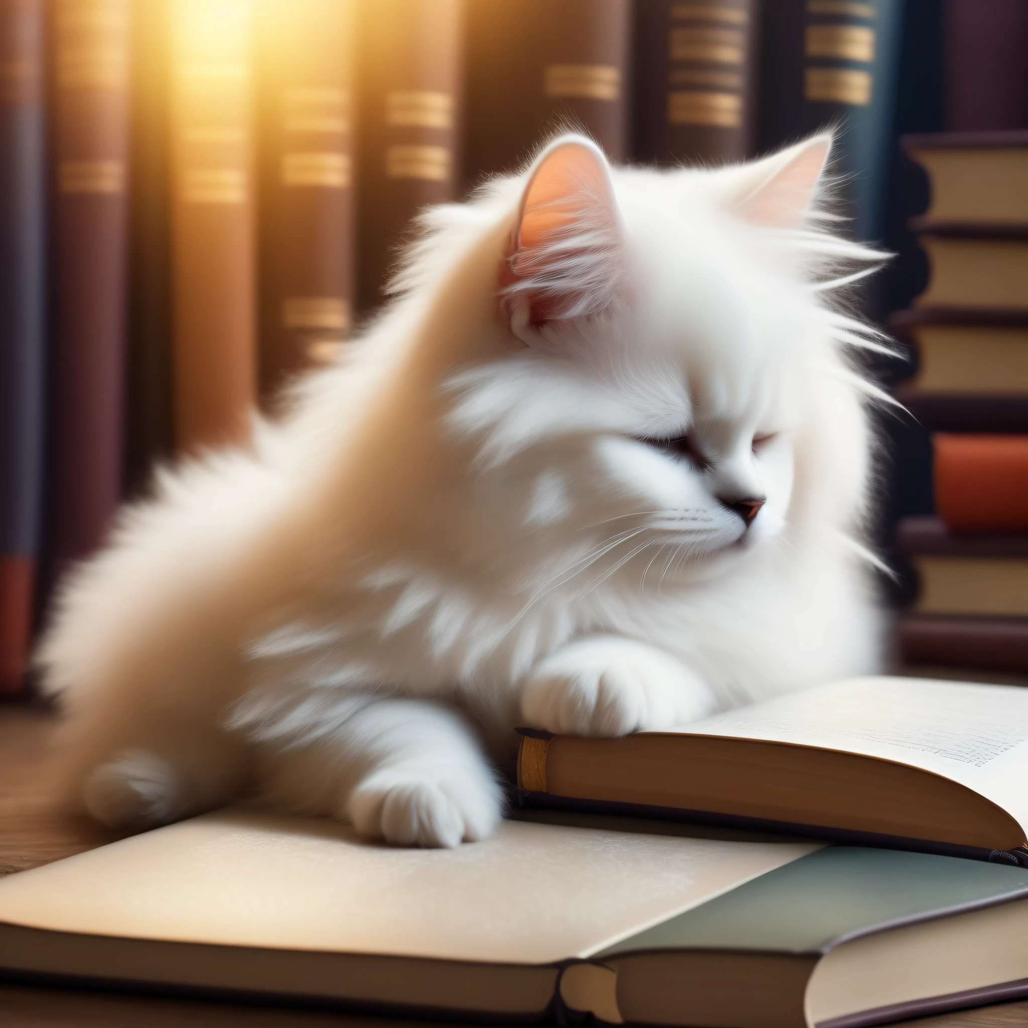 very cute white fluffy little kitten sleeping with eyes closed with a bow tie laid over an open book on a desk full of books. The cat is dreaming of another kitten floating in a fuzzy cloud. Fantasy art masterpiece