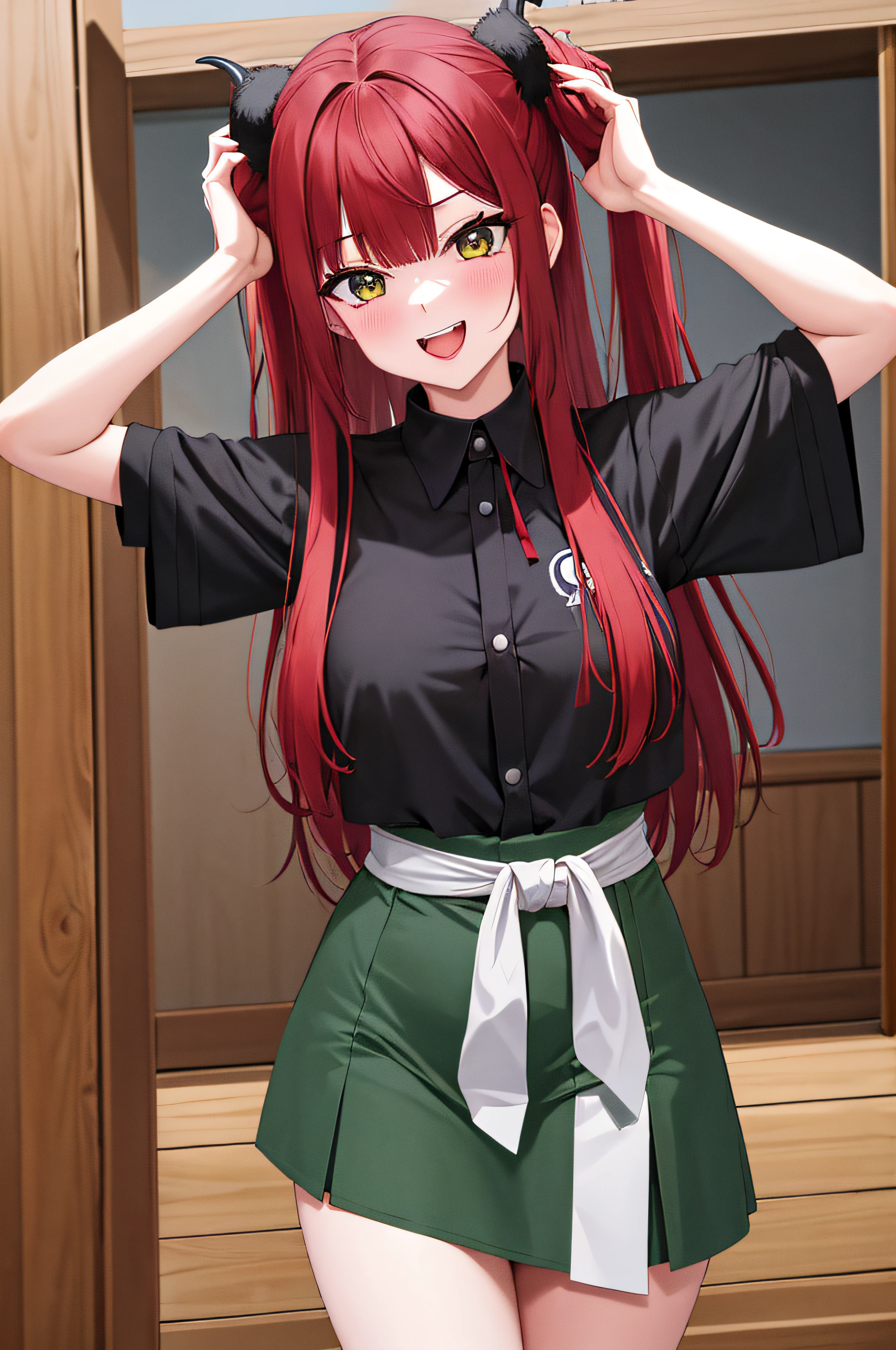 master part, best quality, Altas, Kitagawa Marinha, 1girl, red hair, dois lados para cima, cabelos longos, olhos verdes, orelhas pontudas, demon horns, umbigo, demon tail, demon wings, mangas compridas, gola de camisa babada, calcinha babada, sorrir, cowboy shot, dentro, Em linha reta, arms at side, seios grandes,