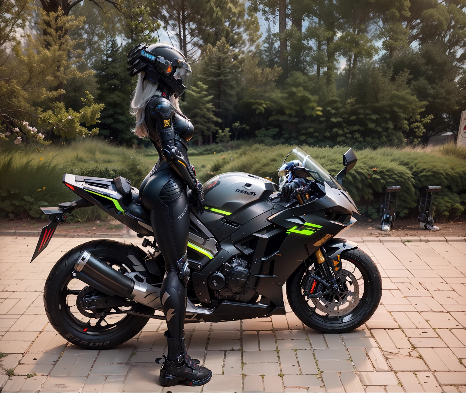 Cute cyberpunk female knight，Long flowing white hair，Black mech costume，Sophisticated black tech helmet，Nousr， Biomechanicals， MSHN Robot Woman，High-tech helmet，hyper realisitc， Steel， Complex design， insanely details， finely detailled， Extremely clear lines， cinmatic lighting， photograph realistic， A detailed masterpiece