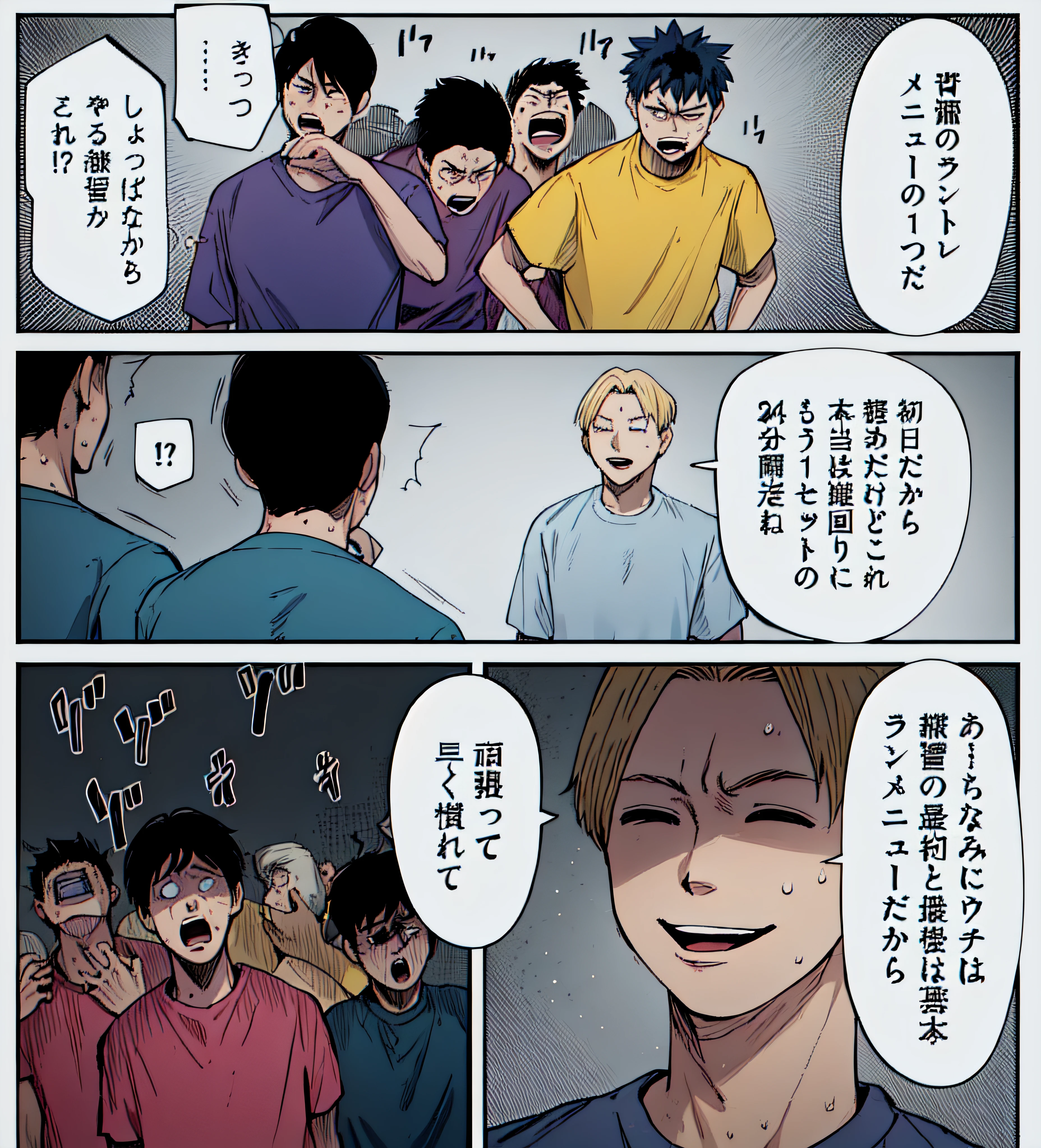 a anime of a boys manga, sweat, tired, shocked, after running, text manga, color manga, manga color, color manga, color manga panel, simple background