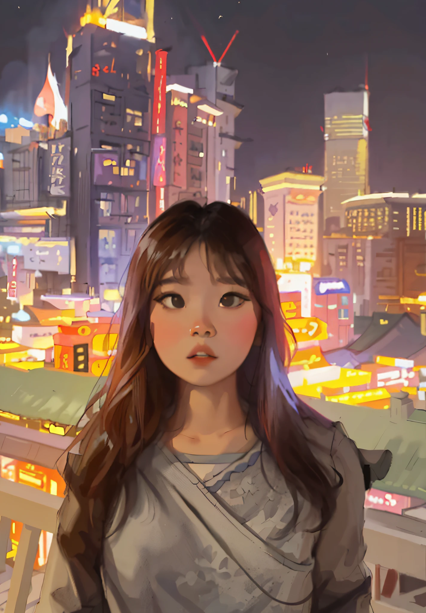 Arafeld woman standing on balcony overlooking the city at night, Korean girl, xintong chen, A young Asian woman, lalisa manobal, yanjun cheng, 8k selfie photograph, chengyou liu, headshot profile picture, xision wu, jaeyeon nam, wenfei ye, beautiful Korean women, young cute wan asian face