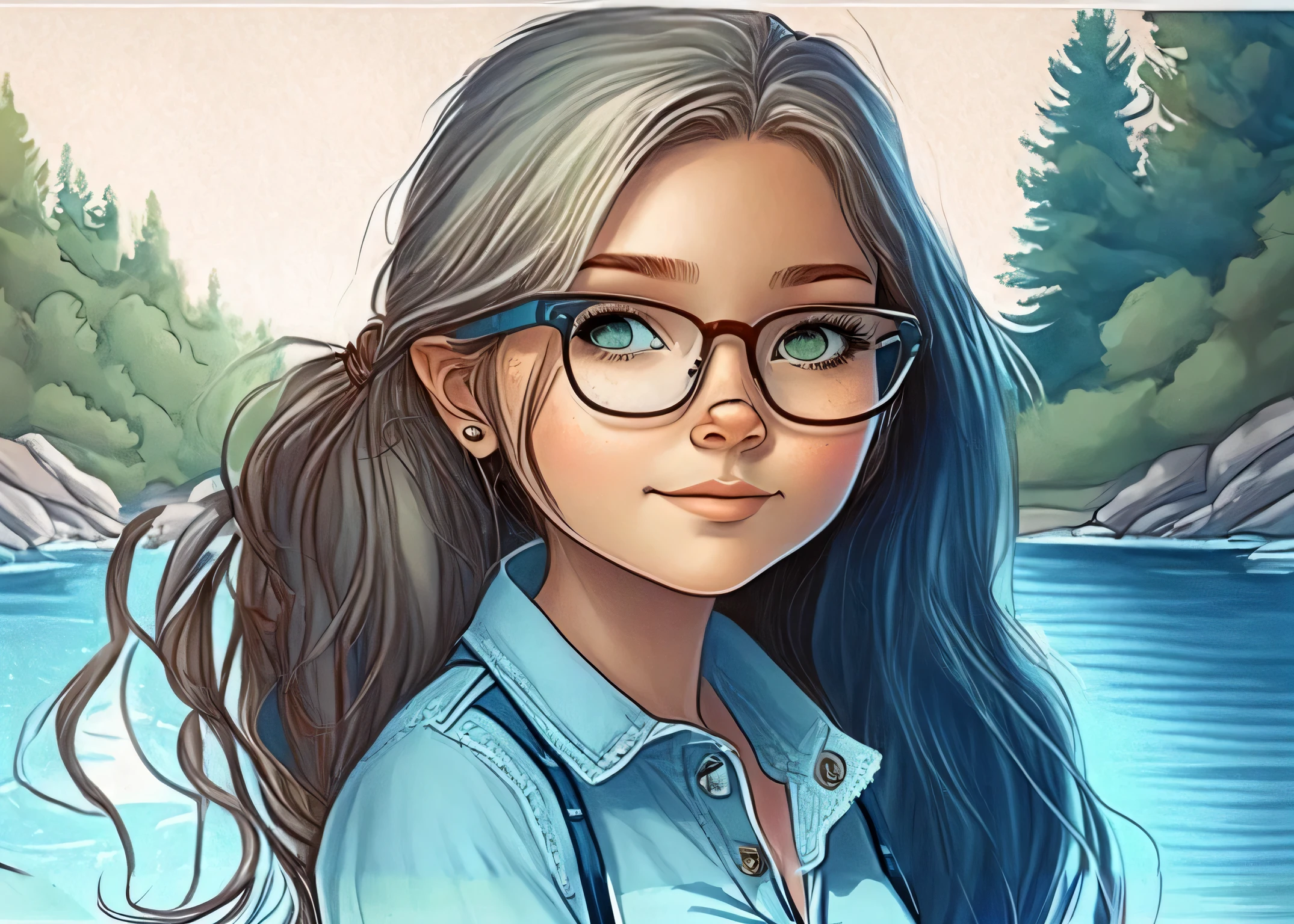 a close up of a girl with glasses and a blue shirt, realistic cute girl painting, cute portrait, 🤤 girl portrait, girl with glasses, cute detailed digital art, cartoon digital painting, realistic art style, cute detailed artwork, cute art style, beautiful drawing style, realistic artstyle, cartoon artstyle, detailed character portrait, adorable digital painting, digital cartoon painting art