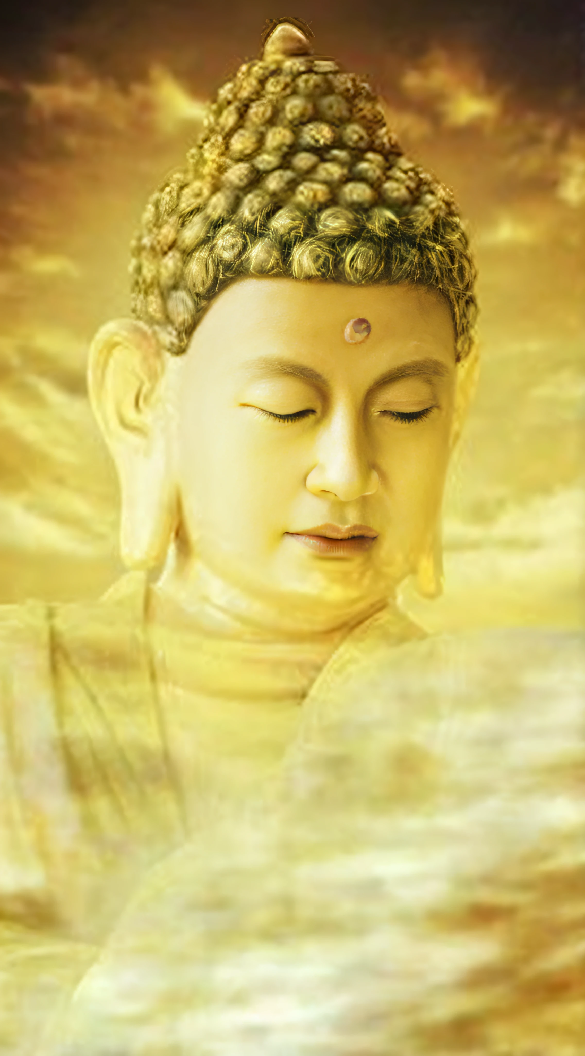 Close-up of Buddha statue with sky as background, Buddha, Buddhism, Buddhist, a Buddhist Buddha, Enlightened, author：Li Meishu, his mind contemplating eternity, Serene expression, author：Kurt Roesch, samsara, author：Shen Zhecai, enlightening, Meditation, Spiritual enlightenment, author：Sun Long, enlightening. Intricate, author：Liao Zhichun, serene，8K quality，Master handwriting，hyper HD