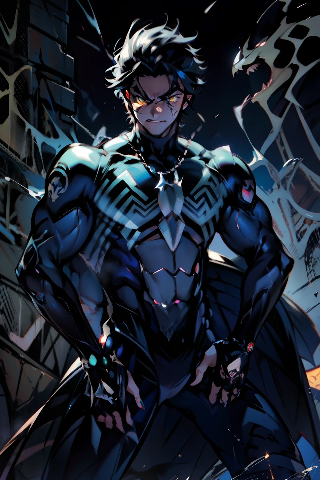 《the original god》Arataki Kazuto , male people， chest muscle， Sexy , Venom symbiote for your body, Black mucus of the body , into venom, venomize，Black bodysuit，（Cloak），Red cape，Abs，（Adult male）（（Venom possession，venom symbiote）），over-Tortoise Man，Battle damage，((Masterpiece)), ((Best quality)), Ultra detailed,((illustration)), Dynamic Angle, Detailed light, (Delicate eyes), Floating, 1boy, Male focus, Head, Clothing, Yellow eyes, necklace, tattoo, (Forehead:0.8), (ahoge:0.8), jewelry, brunette color hair,apathy，Ray， chest muscle， Sexy , Venom symbiote for your body, Black mucus of the body , （into venom）, Venom，frontage，Bust photo，White tight-fitting top，spiderman outfit，style of anime4 K， 4K anime wallpaper， Badass anime 8 K， 4 k comic wallpaper， young anime man， Anime boys， Anime wallpapers 4 k， Anime wallpaper 4K， High quality anime art style， Anime moe art style， Anime art wallpaper 8 K， Anime art wallpaper 4 K， RGB lighting，