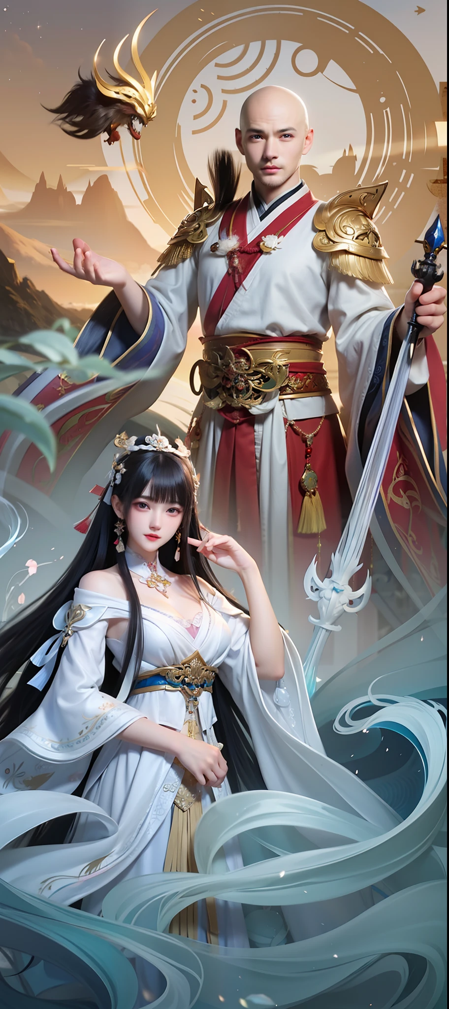 a young man and a woman,Fahai,Bald man,Bai Suzhen,queen of the sea mu yanling, inspired by Park Hua, onmyoji, yiqiang and shurakrgt, G Liulian art style, Onmyoji detailed art, xianxia hero, inspired by Ju Lian, Chinese fantasy, inspired by Zhang Wo, a beautiful fantasy empress