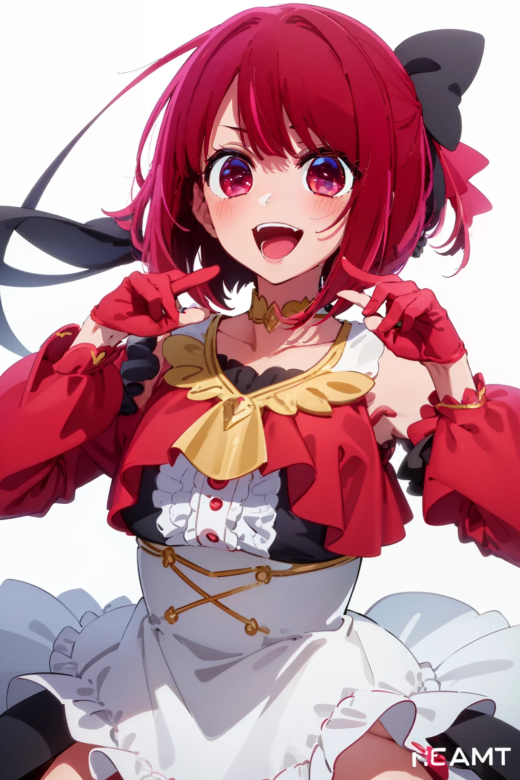 ​masterpiece、ighly detailed、(1 girl in:1.2)、Red hair、big eye、a closeup、A smile、8K、short-hair、animesque、Shining eyes、(((Red Idol Costume))), ((Red dress)), (((Pink gloves))), dance, sings, brilliance, on a stage,Black hair ornament, stage, A light, striated hair, radiant eyes, medium breasts⁩, gloves, Sing with your mouth open, Bottom Black Skirt