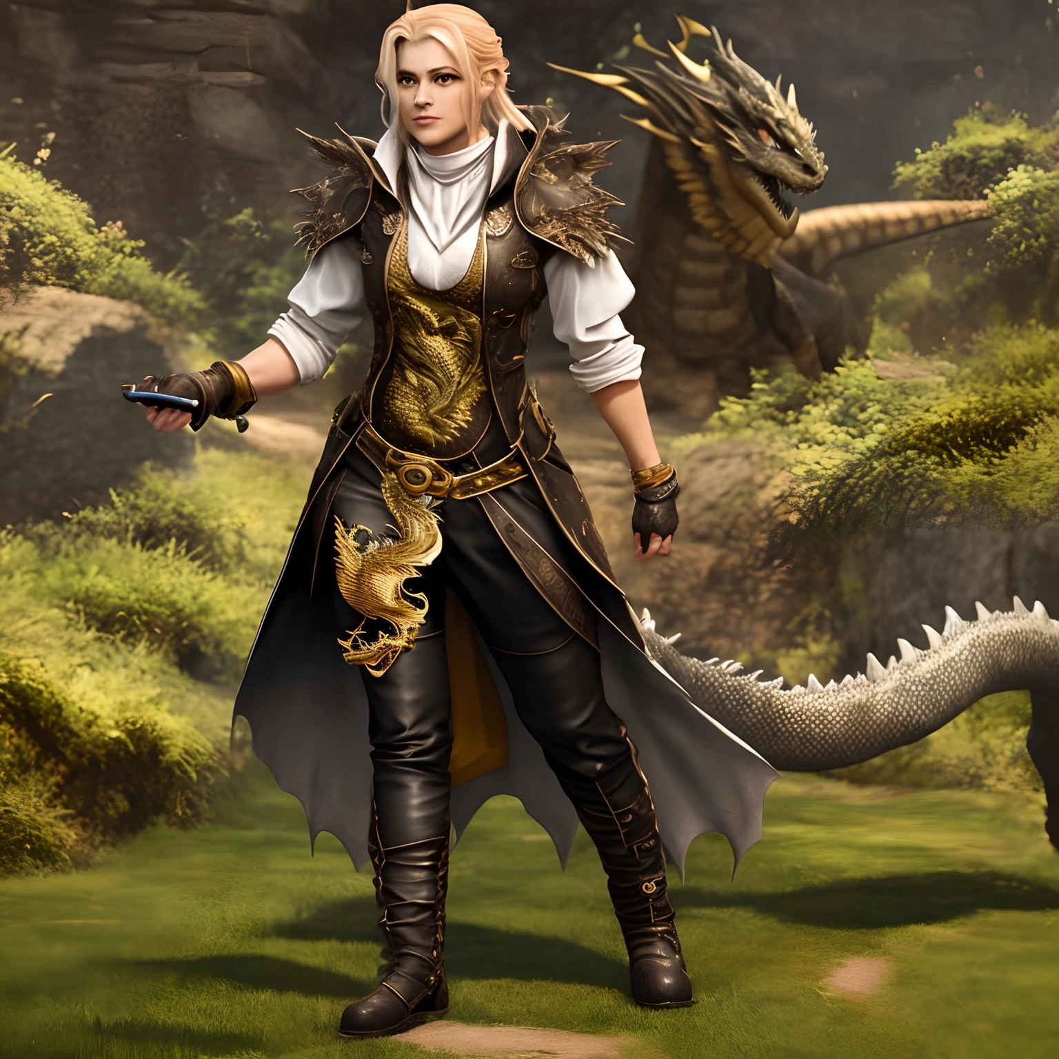 **Elara (half-dragon):**
- Elara wears a combination of practical and elegant pieces. She wears a dark, sturdy leather vest that adapts to the shape of her body. Their pants are made of flexible fabric to allow freedom of movement during your adventures. She wears chunky leather boots that reach up to her knees. Elara also uses leather straps with metallic details, displaying dragon symbols. A scarf tied around his neck complements the ensemble, com tons de verde lembrando suas escamas.
Elara (half-dragon):allure: Pele escura, olhos verdes penetrantes, cabelos escuros com tons de verde, slightly scaled at the ends of the arms.Estilo: Elara is fearless and confident, with an aura of strength and courage. Its scales and vivid eyes reveal its unique nature. She wears practical, sturdy suits that allow her to move freely.